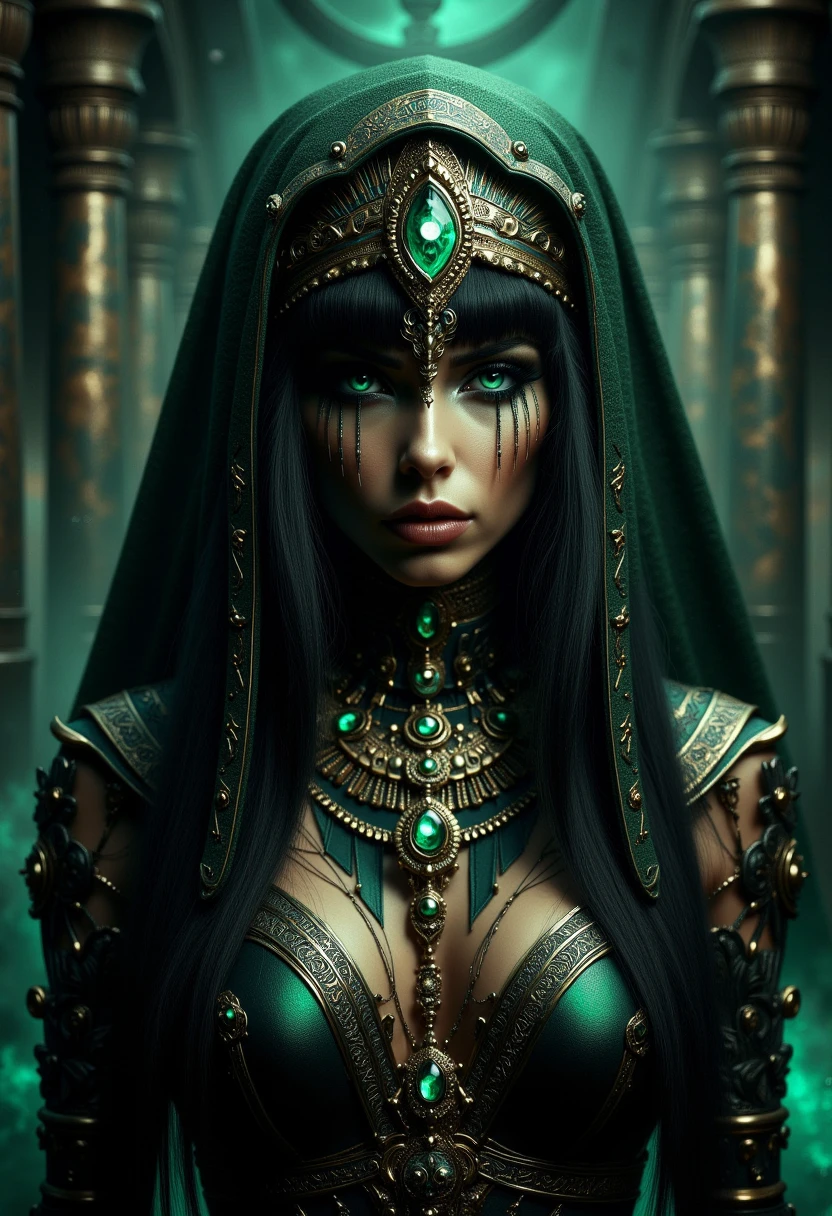 <lora:drkfnsy_pdxl_EliPot:1>,  Egyptian dark fantasy of portrait Egyptian sorcerer queen with green eyes and a pharaoh hood,