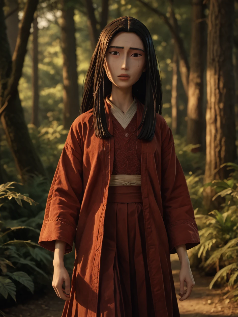 score_9, score_8_up, score_7_up,  score_6_up, BREAK, KubSariatu, 1girl, solo, female, long hair, black hair, looking at viewer, red shirt, brown skirt, in the forest   <lora:Sariatu:1>