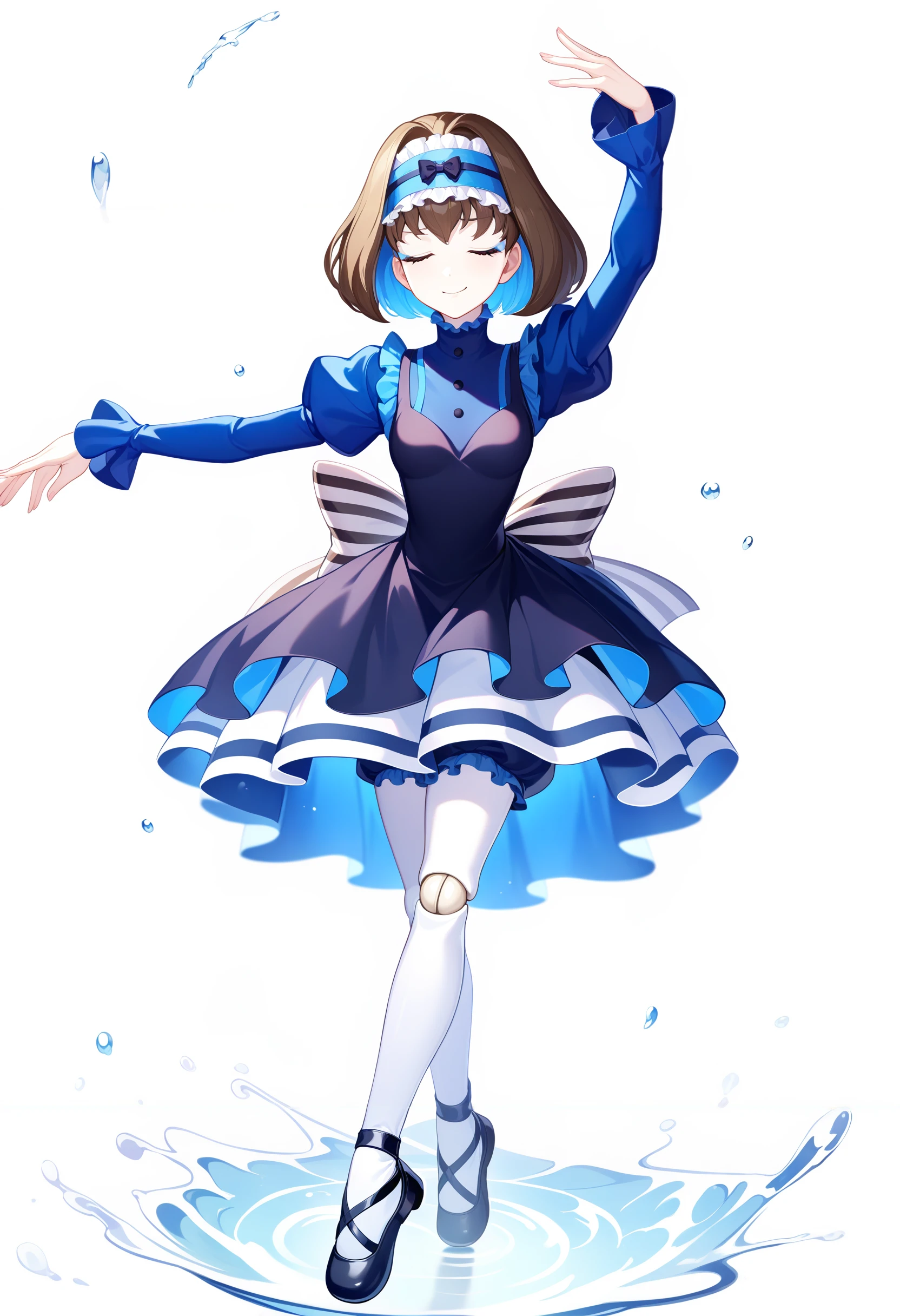 1girl,Garie,solo,frilled dress, puffy sleeves, juliet sleeves, striped bow, closed mouth, doll joints, mary janes,
ballet pose,, closed eyes, ballerina, ballet ,en pointe,, full body, bloomers,white background, simple background,water, magic,looking up, gradient background,smug, 
,depth of field, masterpiece,best quality, ultra-detailed,official wallpaper,highres,  ultra-detailed 8k wallpaper, extremely clear   , newest,  <lora:garie_loha_v5-000007:1>