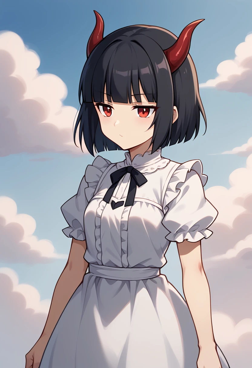 1girl, solo,
short hair, black hair, red eyes, jitome, blunt bangs, horns, white dress, frills,
blue sky, upper body, cloud, 
score_9, score_8_up,
<lora:jitome-pony:1>