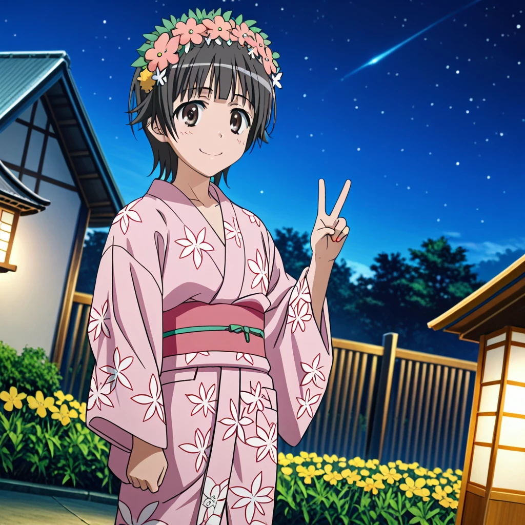 (yatai:1.2),outdoors,standing,smile,onehand_peace_sign,night_sky, fire_flower,
slender, 1girl, dutch_angle, dynamic lighting,detailed_background,
highres,official_art, very_aesthetic,depth_of_field,caustics, natural_lighting,
<lora:add-detail-xl:1.5> japanese_clothes, kimono,yukata,pink_kimono, 
 <lora:Toaru_Uiharu_v10:1> uiharu_kazari, hair_flower, head_wreath,