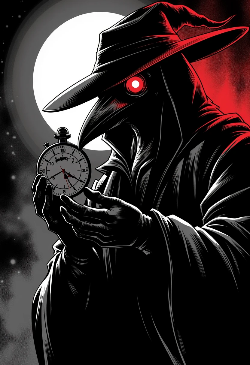 <lora:lnrnr_flux_EliPot:1>, noir comic style with grey with red accents hues, a plague doctor with a crowmask with red eyes holding a stop watch and looking at it, from the side at night with white moon in background