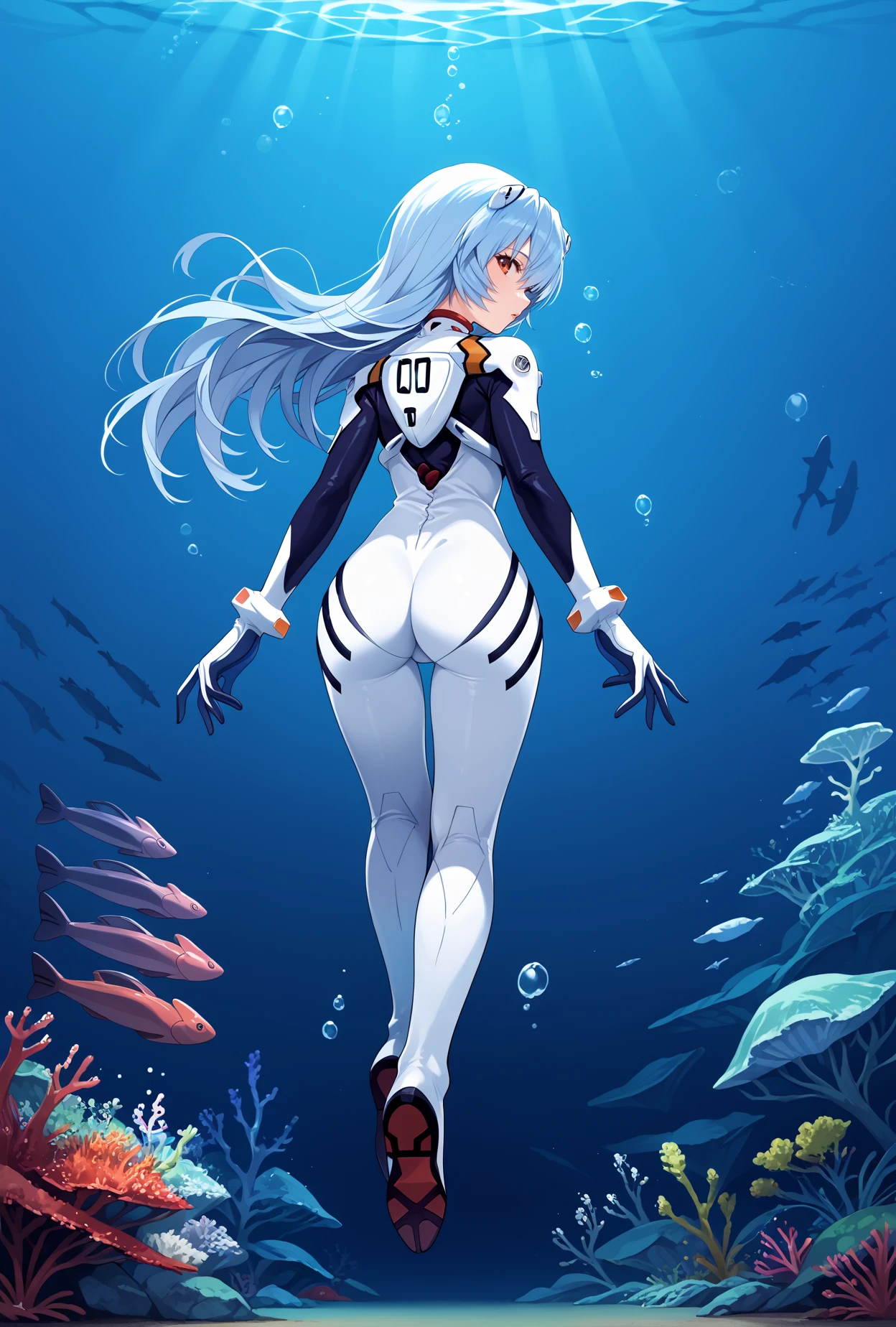 score_9, score_8_up, score_7_up, score_6_up, score_5_up, score_4_up,anime source,teenage,full body, 
1girl,ayanami rei, long hair, looking back, 
floating,underwater,from behind, 
 Evasuit00,plugsuit,white bodysuit,  <lora:Evasuit00XLPony:1>