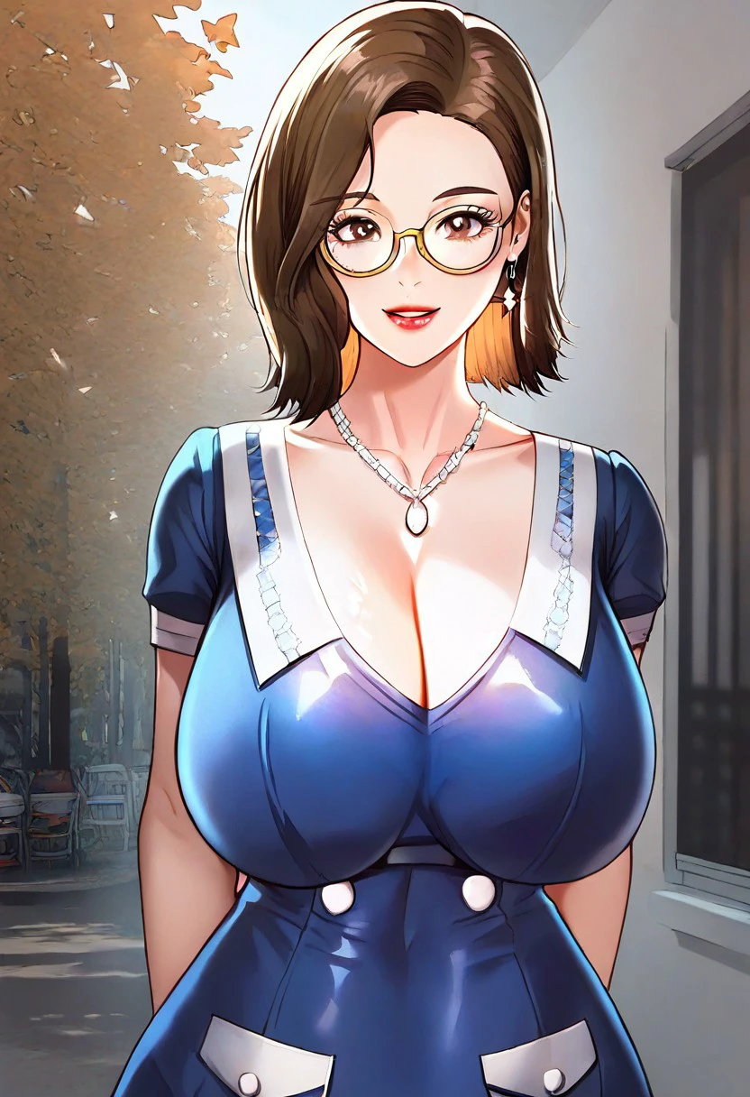 score_9, score_8_up, score_7_up, ASCII masterpiece, source_anime, BREAK, 1girl, solo, (( <lora:do_jeong-hwa:1> , do_jeong-hwa, thin waist, wide hips, beautiful skin, beautiful brown eyes, clear eyes, bright pupils, beautiful eyes, beautiful brown hair, beautiful short hair, huge and shaggy breasts, natural beauty, extraordinary beautiful woman, attractive woman, super sexy woman, lustful body, sexy woman with seductive obscene body, sensual body, voluptuous body, sexy beauty, no piercings, no piercing, glasses, gold glasses frame, )), ((sexy blue dress with white collar and white buttons, obscene cleavage, huge cleavage, silver necklace with pendant, earrings, )) , looking at viewer, uncensored, sexy pose, beautiful smile, outdoor, park, looking at viewer, horny, seductive, cute pose, cowboy shot, front view, hands behind back,