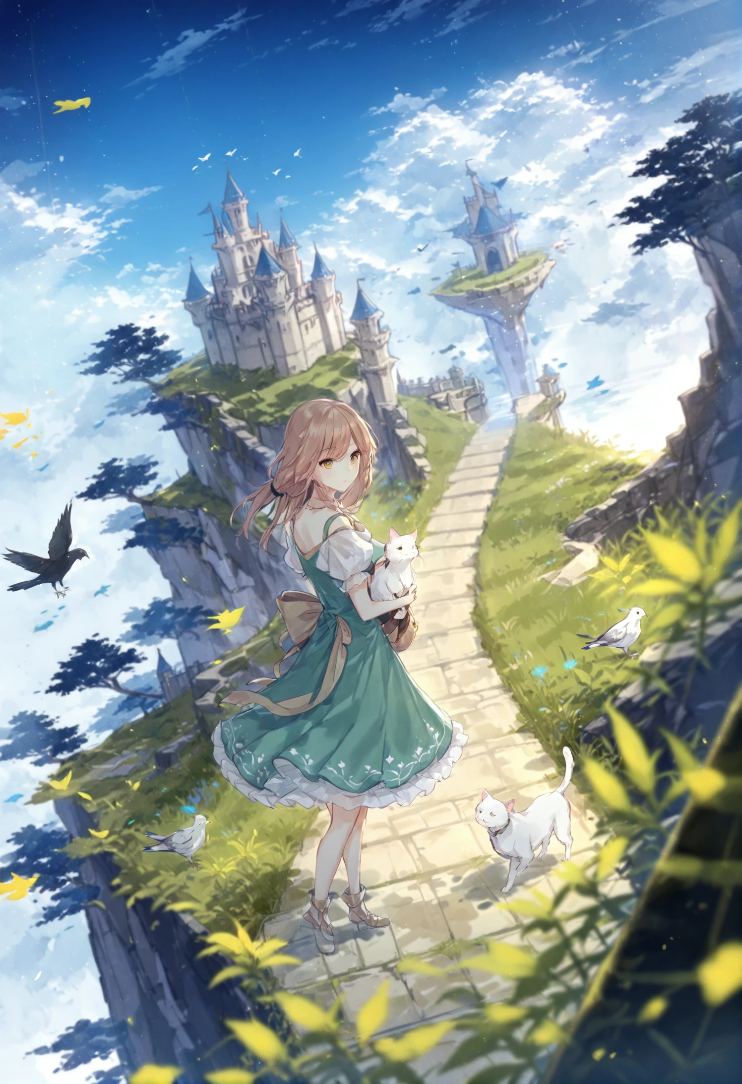 masterpiece, best quality, scenery, fantasy, 1girl, outdoors, sky, solo, cloud, cat, light particles, standing, path, bird, floating island, grass, dress, fish, animal, castle 
 <lora:junsui0906XLlokr4f-000181:0.95>