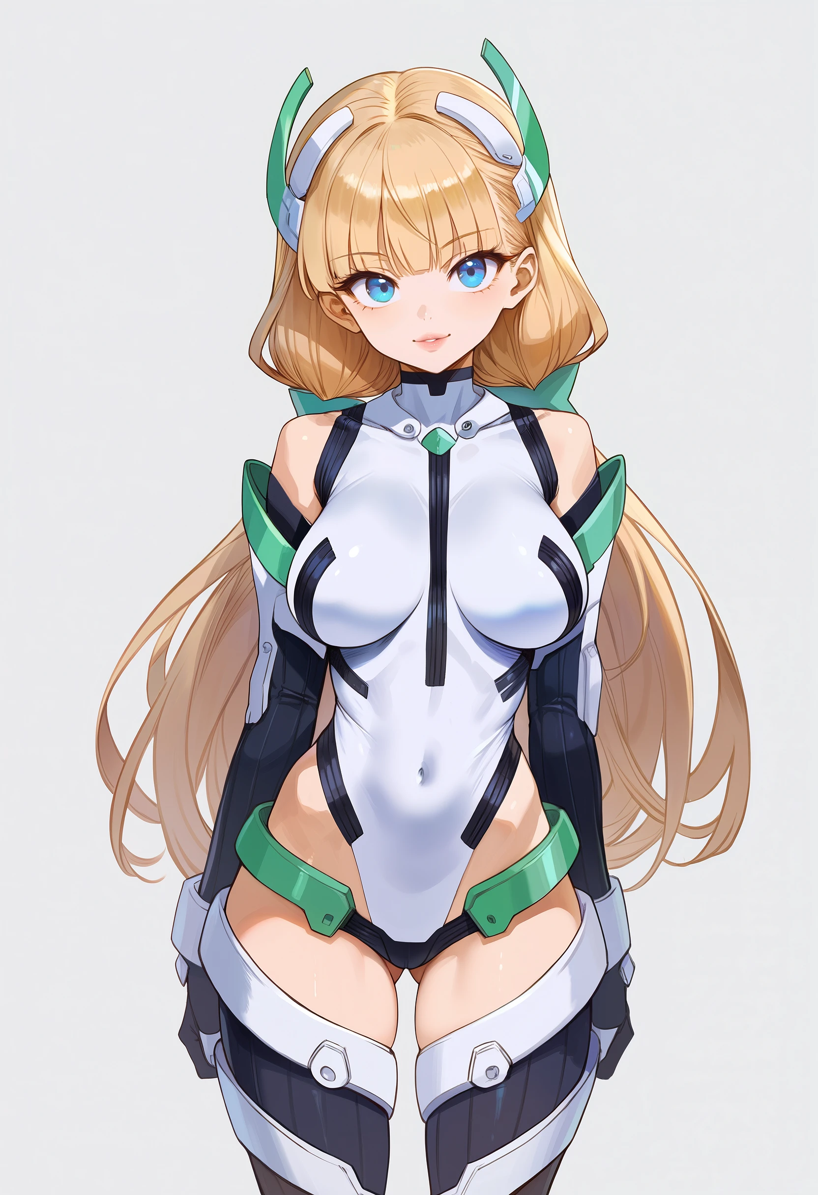 (masterpiece), (best quality), same girl posing in 2 different poses, long wavy brown hair, green eyes, wearing a cyber white suit with leather details, medium boobs, dramatical pose, slim body, (transparent background), ass first view, (touching the ass), (charming), (full body pose)