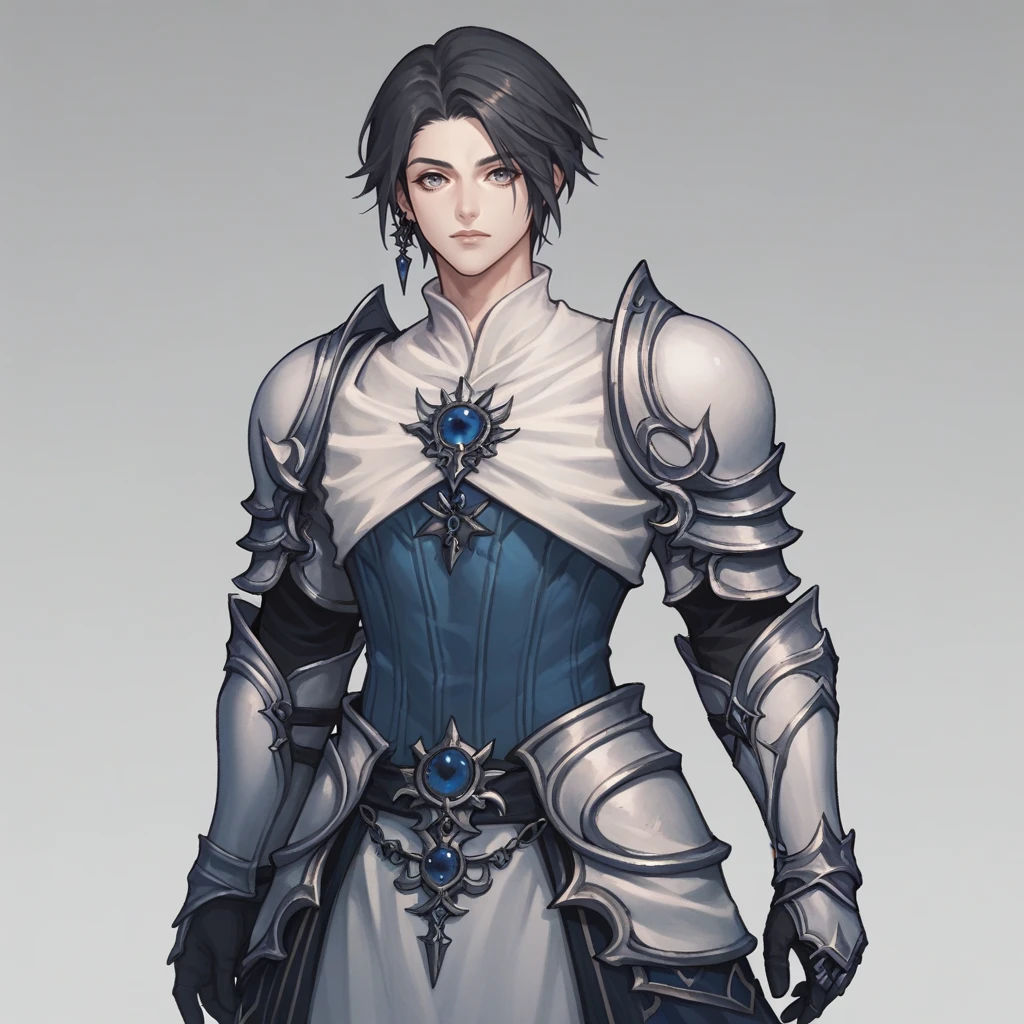 score_9_up, score_8_up, score_7_up, score_6_up, paladinzero, androgynous, solo, jewelry, black hair, short hair, grey eyes, white armor, shoulder armors, pauldrons, (hatching (texture):1.5), white collar, blue gemstone, full body, looking at viewer,  <lora:Zero-000008:1>