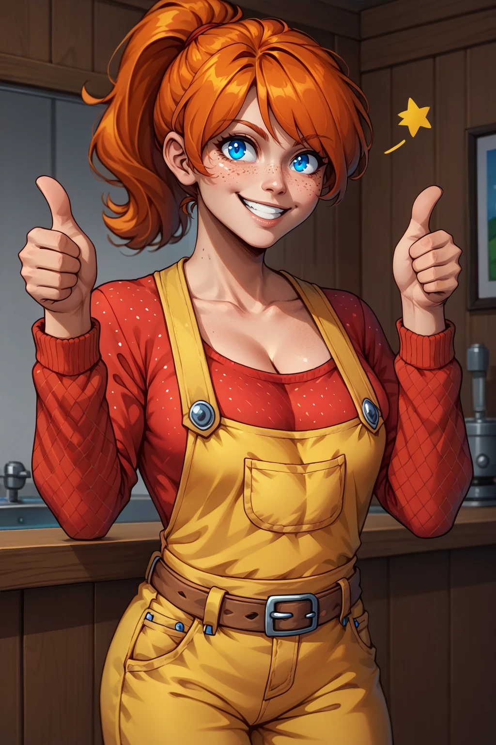 score_9, score_8_up, <lora:NSMechanicTerraria:1> NSMechanicTerraria, blue eyes, orange hair, ponytail, medium hair, red sweater, yellow overalls, long sleeves, brown belt, freckles, looking at the viewer, thumbs up, smile, indoors, cowboy shot