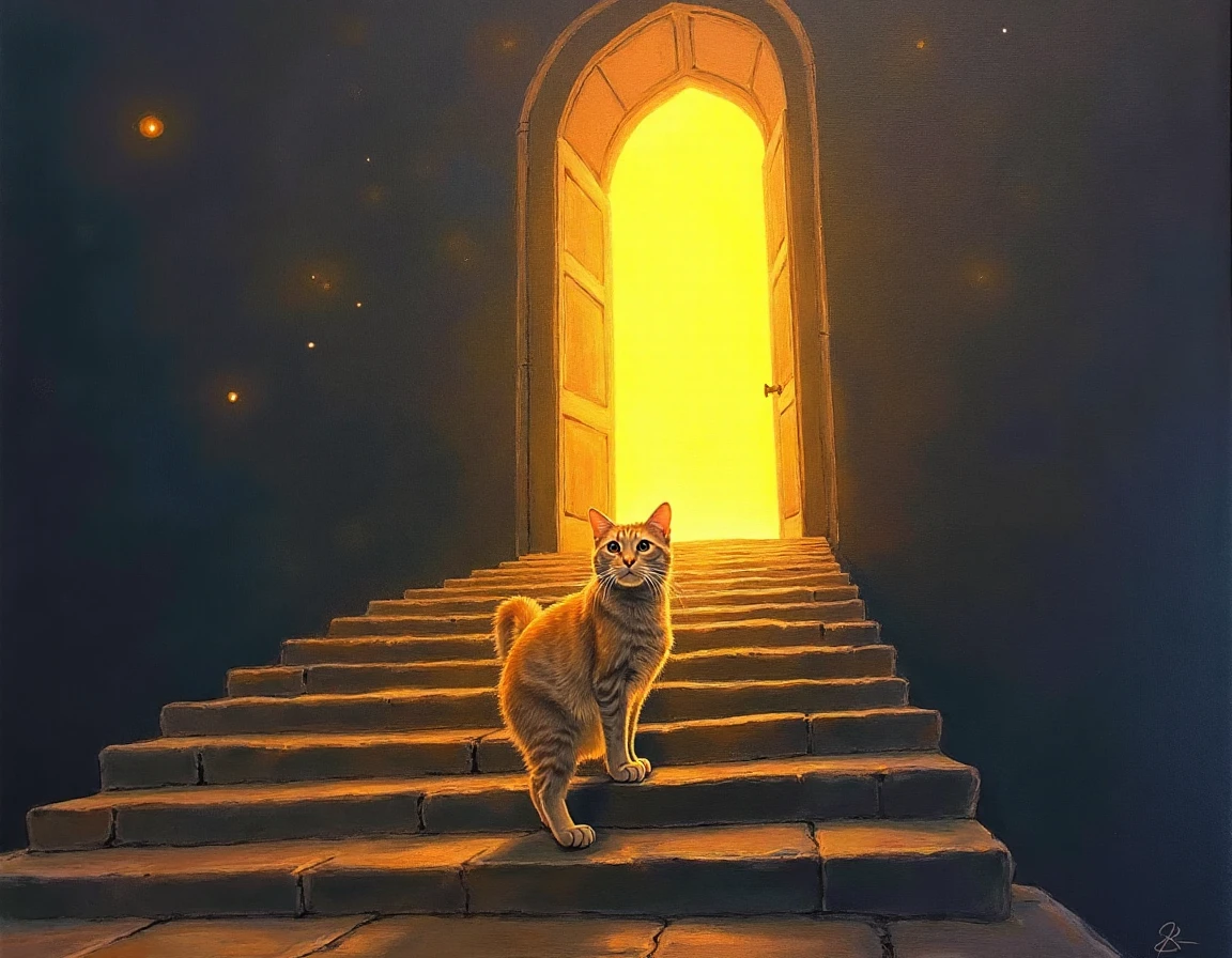 hyper realistic painting of xpanzudox going  towards a big staircase into cats heaven , the gates of heaven are open and a glowing light comes from within the gates, pancito it's Center on the drawing looking peacefully and happy <lora:Panzon_Gordinflon:1>