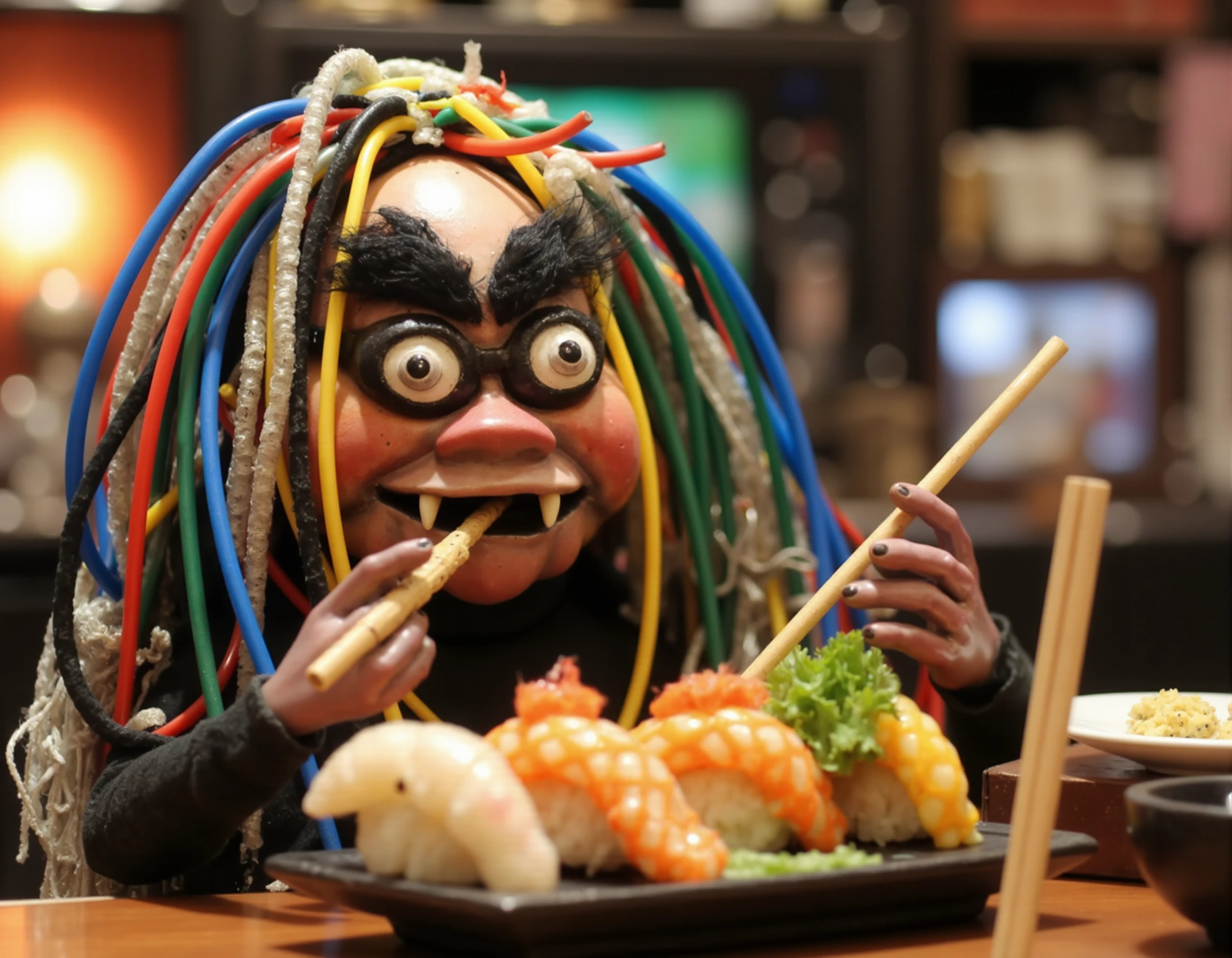 b-averia, doll eating sushi in Tokyo<lora:Bruja_Avería_Flux_-_Avería_Witch-000016:0.9>