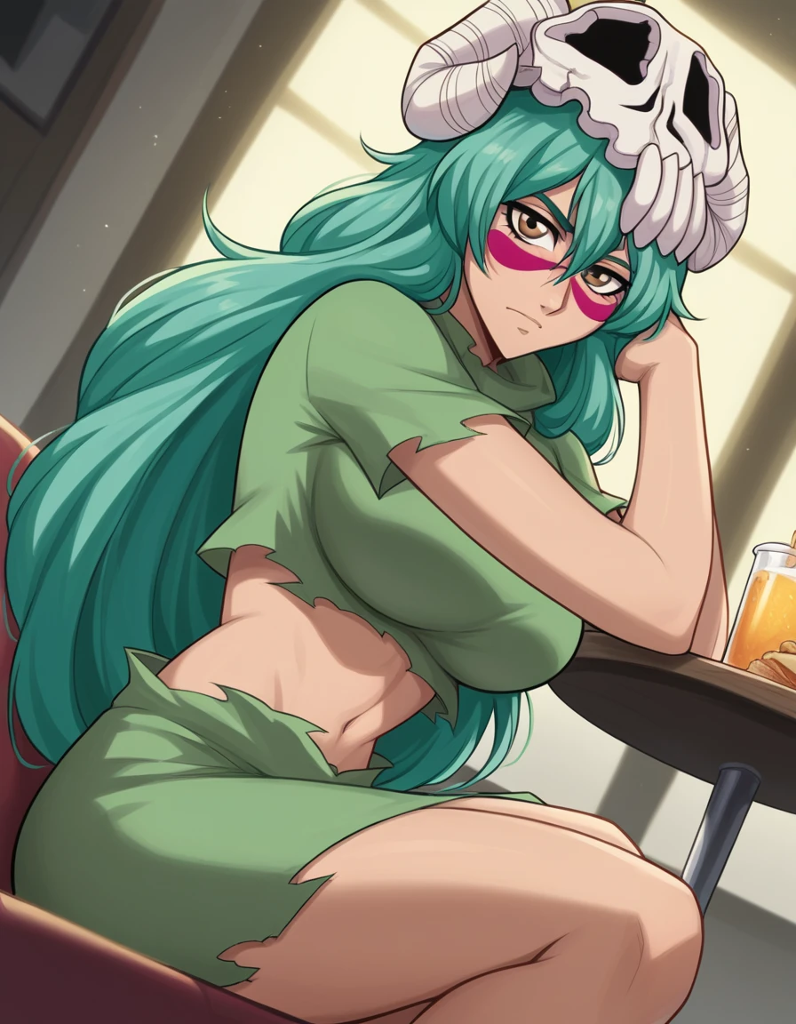 score_9, score_8_up, score_7_up, source_anime, <lora:nelliel-tu-odelschwanck-anime-ponyxl-lora-nochekaiser:1>, nelliel tu odelschwanck, long hair, green hair, facial mark, skull, brown eyes, green hair, large breasts,, normal outfit, skirt, barefoot, midriff, torn clothes, crop top, short sleeves,, restaurant, laughter, good food, warm lighting, celebration, , looking at viewer, hand on shoulder, foot crossed over, knee up, solo,, cowboy shot, dutch angle