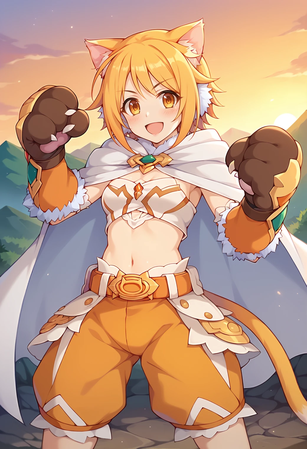 score_9, score_7_up, hd, (ultra hd quality details), source_anime, outdoors, rock, mountain, sunset,
solo, 1girl, 
pcrhiyo, cat ears, animal ear fluff, cat tail, hiyopform, fur collar, white cape, white bandeau, midriff, belt, buckle, orange shorts, fur-trimmed gloves, paw gloves,
looking at viewer, blush, smile, serious, open mouth,
standing, stance, dutch angle,
<lora:_hiyoripcr-elesico-ponyr2e12:0.9>