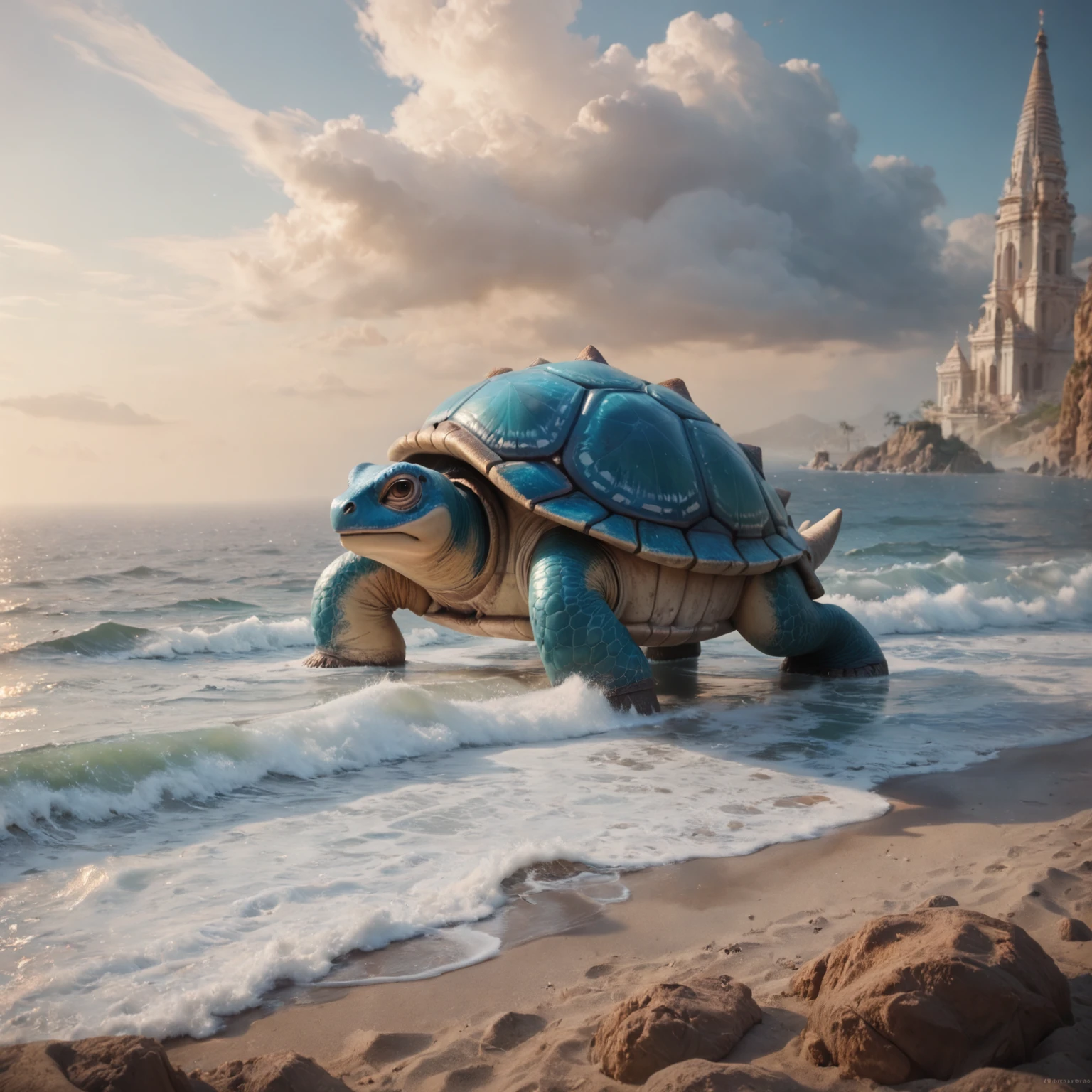 a giant turtle is standing on a sandy beach, <lora:epwpony:0.8>, elementalplanewater, BREAK score_9, score_8_up, score_7_up, best quality, masterpiece, 4k, prefect lighting, very aesthetic, zPDXL