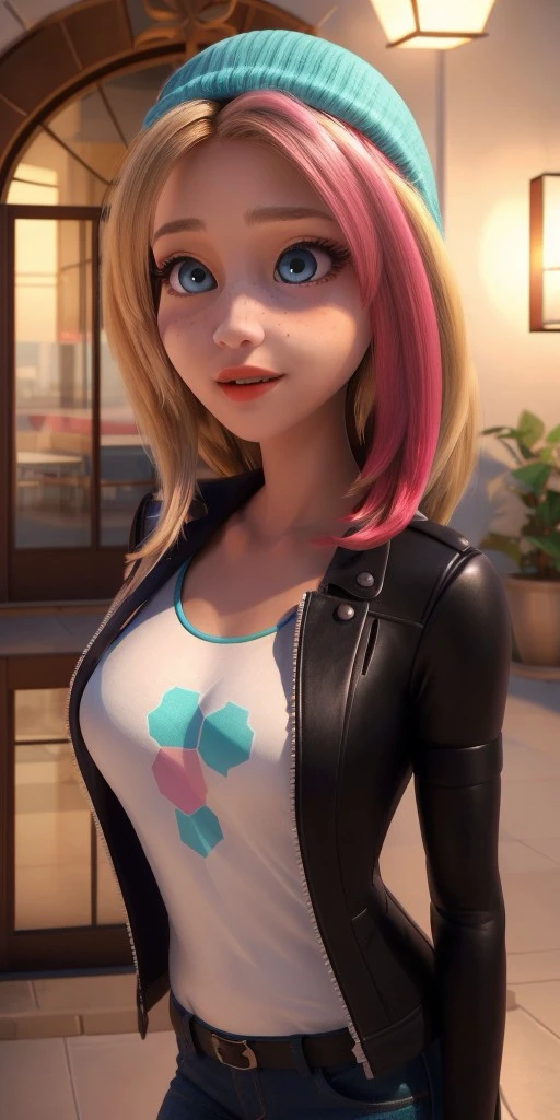 Hyperrealistic, photorealistic, super detailed, black unbuttoned jacket, white T-shirt, bright yellow jeans, vivid shade of azure eyes, shoulder length sandy blonde hair that has significantly shorter bangs with the ends reaching her shoulders, (hot pink dyed strands on the left side), light freckles, coral lips, body like in real life, large pores, peach skin tone, slender, beautiful arms, very little very flat breasts, unreal engine, octane render, droped shadow, bokeh, cinematic lighting, <lora:add_detail:0.5>, <lora:Volumetric_lighting:0.6>, Zoe Lee, , <lora:9c5d584a-ab50-49af-9d50-d339318f14f4:0.7>