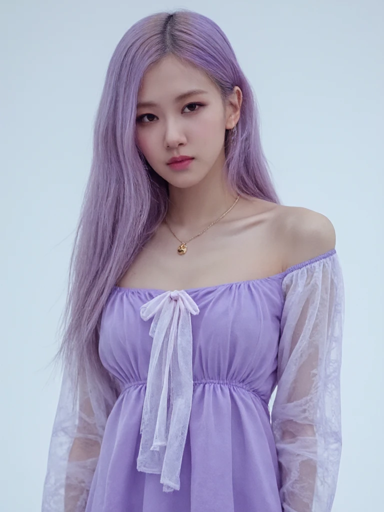 Portrait of blaros woman posing for the camera. She is wearing a violet dress and is standing in a photostudio with a white background. The scene is a professional photography with studio lighting. She is looking serious and seducive at the camera. She has long light violet hair