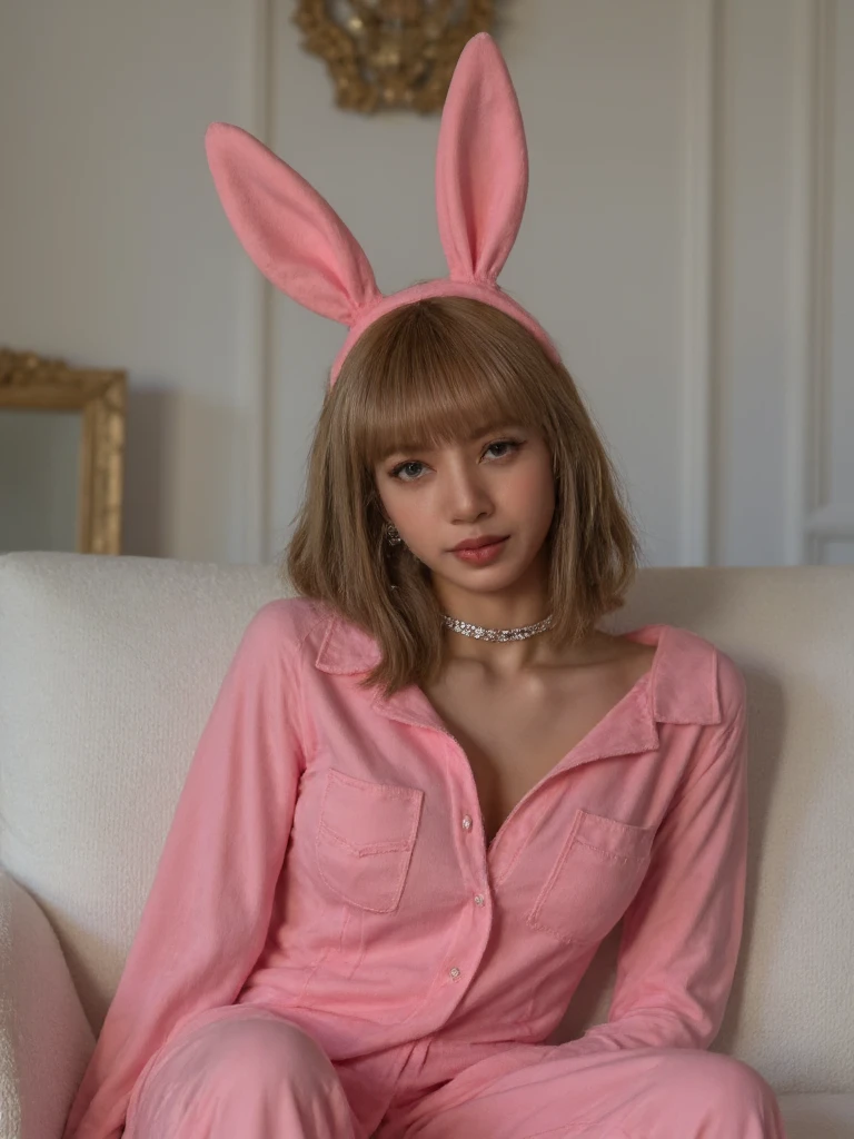 Portrait of blalis woman wearing a sexy pink bunny pyjama with bunny ears, sitting on a white sofa