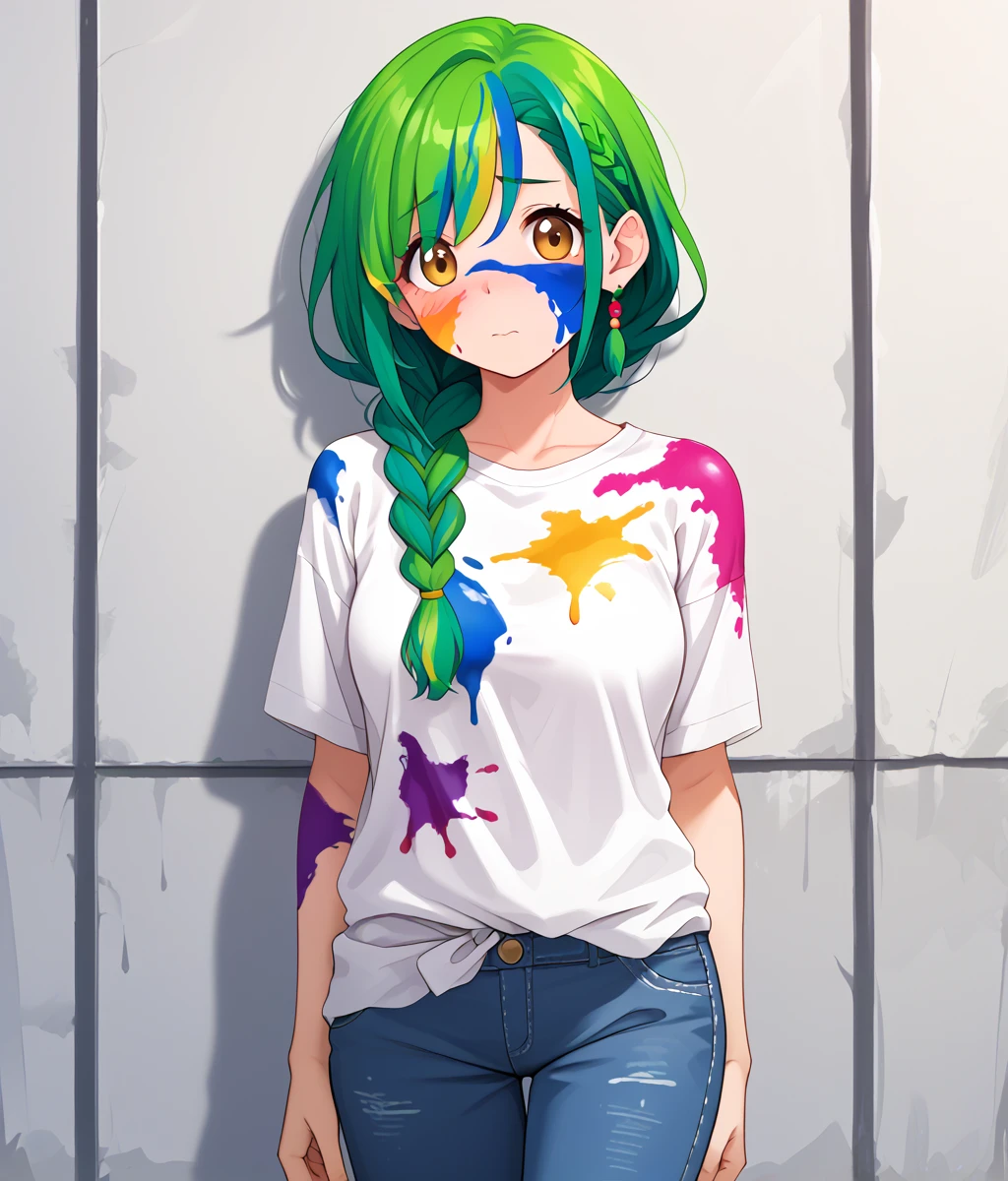 score_8_up,rating_safe,mature female artist student covered in paint and in shock,D:,paint on face,paint on clothing,paint on body,paint on hair,pontail and hair ribbon,<lora:paint-000003:0.9>