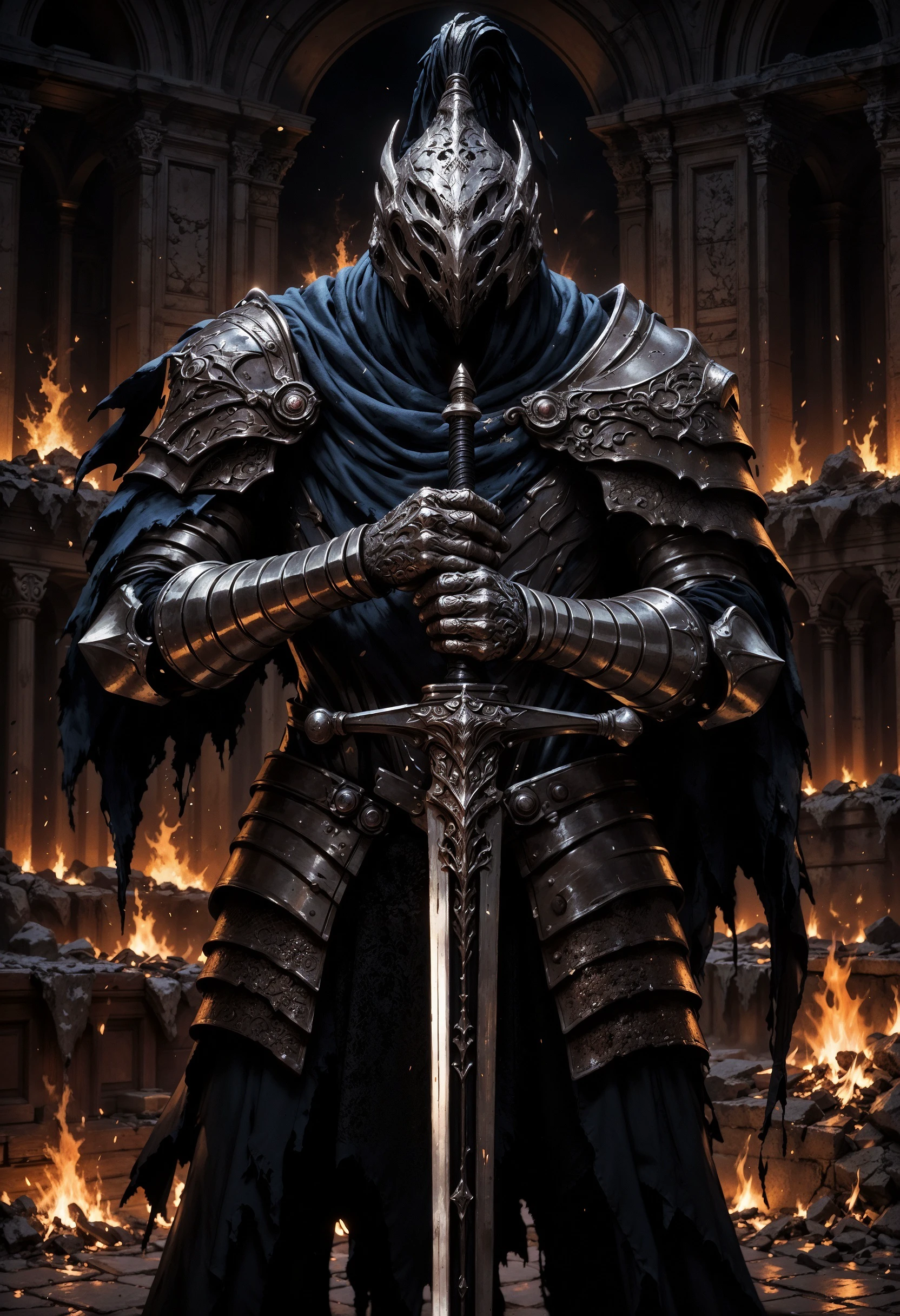 FluxArtorias, Amidst the embers of an abandoned church, a cloaked knight with piercing, meticulously cleans his sword by the flickering flames. The hooded figure's stoic presence adds an air of mystery to the scene. This ultra-realistic painting captures the essence of dark fantasy with its intricate details. The knight's armor gleams in the firelight, every crease and scratch meticulously rendered to perfection. The eerie atmosphere of the church's decay contrasts starkly with the knight's pristine equipment, creating a captivating visual narrative.  <lora:FluxArtorias:1> <lora:FluxMythP0rtr4itStyle:0.8> mythp0rt <lora:fluxenhancer:0.5>