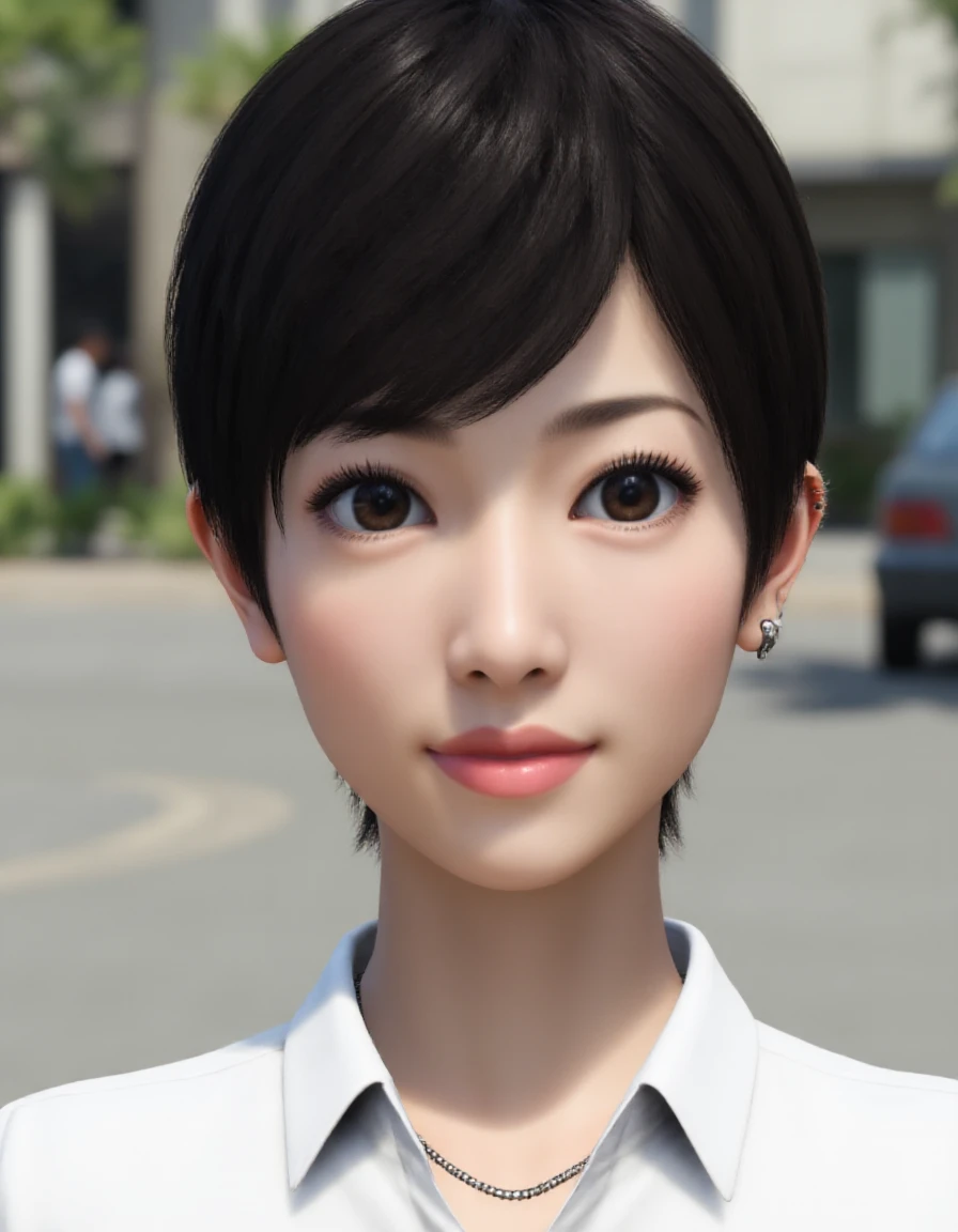 <lora:Chitose_Fujinomiya-000033:0.9> Close-up portrait of Chitose Fujinomiya with short hair. She is wearing a white shirt. The background implies a street.