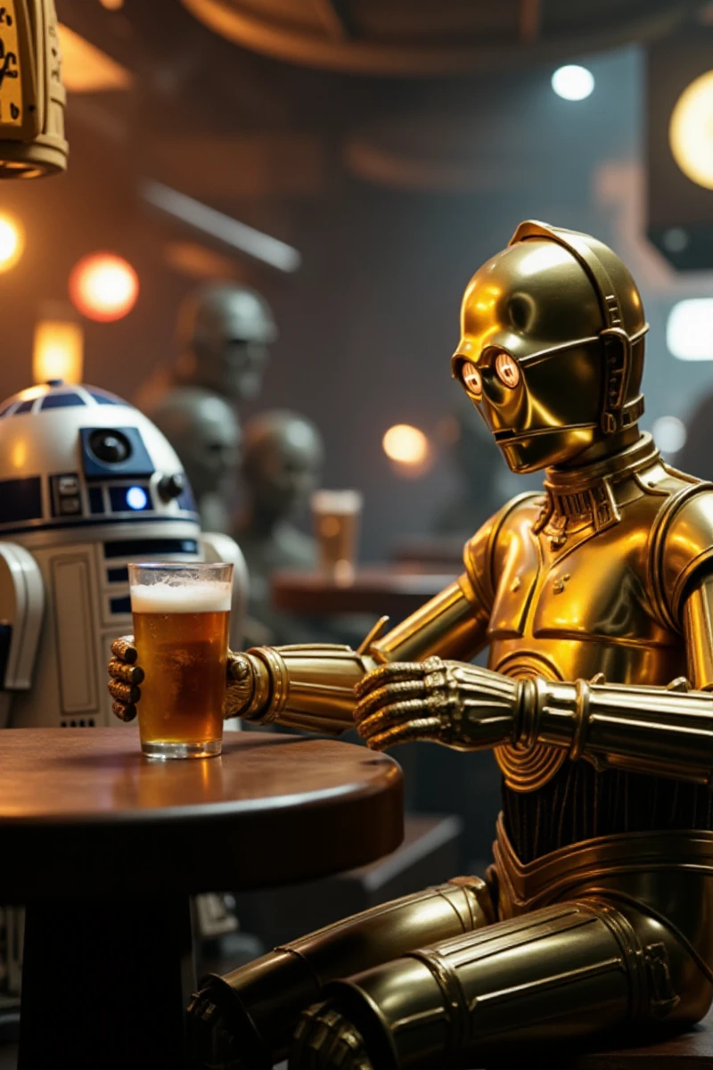 C3PO is having a beer with his robot friend R2D2 in an alien pub. Different alien races are around. Star wars. Highly detailed  <lora:C3PO:0.9>