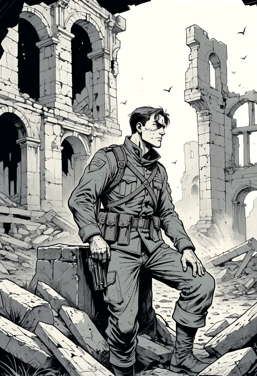 A tired soldier soul transitions into the next realm, sharp details, vibrant, ethereal, 8k resolution, cross hatching illustration, monochrome, black and white, heavy contrasthard inking, flat colors, comics, style by Andrew Robinson , ruins background, two tones, limited palette
Anja Millen