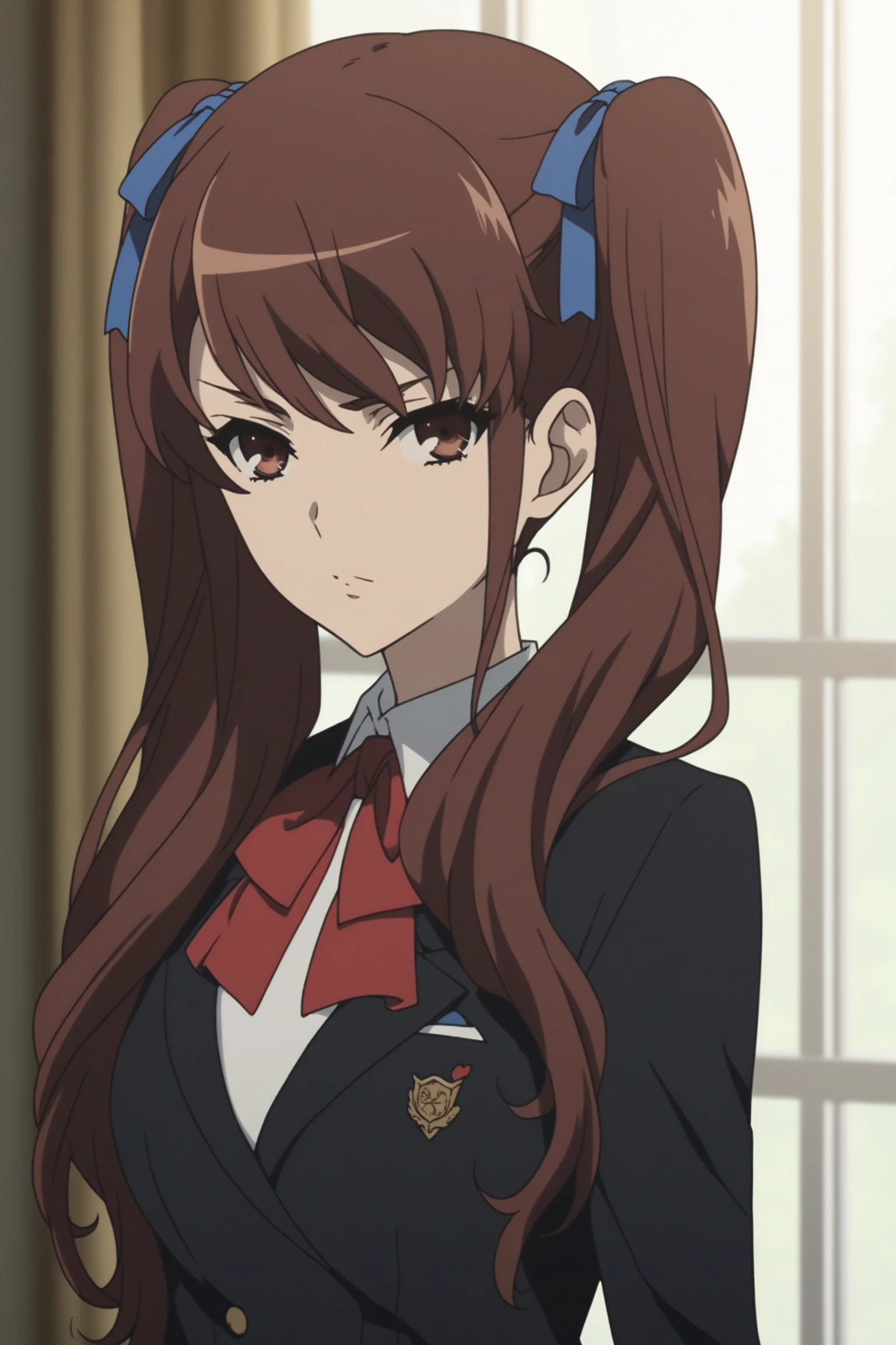 akazawa izumi, brown hair, long hair, twintails, blue hair ribbon, brown eyes, akazawaschoolwin, school uniform, blazer, long sleeves, black jacket, white shirt, collared shirt, red neckerchief, school emblem, blue skirt, pleated skirt, black thighhighs, loafers, <lora:Izumi_Akazawa:0.9>, score_9, score_8_up, score_7_up, score_6_up, score_5_up, source_anime, rating_safe, medium breasts, indoors, 1girl, solo, looking at viewer, <lora:age_slider_v4:1.5>, (dynamic pose:1.2), (upper body:1.2)