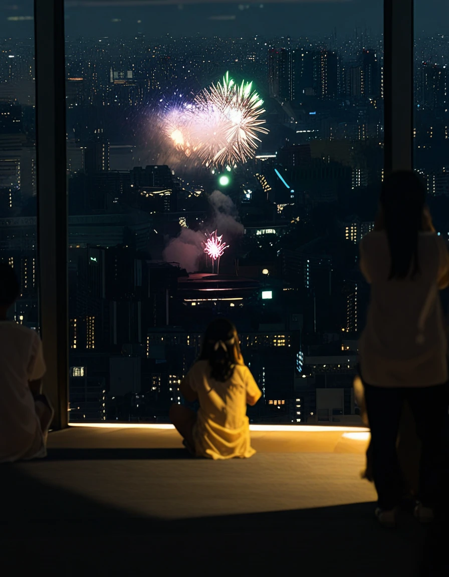 masterpiece, best quality, very aesthetic, absurdres, <lora:shibuya_sky_gallery_animagineXLV31_v31_Lion_6860_v1.32:0.9>, aerial fireworks, night sky, cityscape from sky gallery, black floor, indoor lookout, window, scenery, no humans