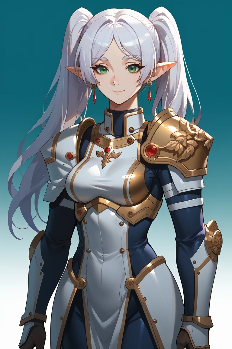 score_9, score_8_up, score_7_up BREAK  1girl,solo,smile,medium breasts
PLD_armor, woman in armor suit , wearing PLD_armor,cowboy shot,breastplate,circlet
<lora:edgArmoredPony:0.8>
 <lora:ChamFrierenPonyXL:1> long hair, earrings, twintails, green eyes, frieren,white hair