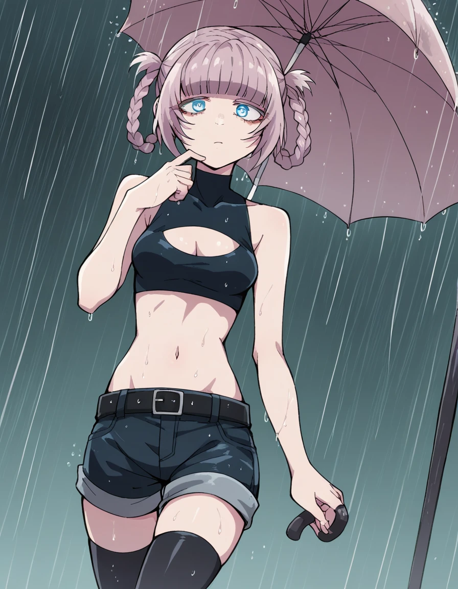 score_9, score_8_up, score_7_up, source_anime, <lora:nazuna-nanakusa-s1-ponyxl-lora-nochekaiser:1>, nazuna nanakusa, short hair, bangs, blue eyes, pink hair, braid, blunt bangs, hair rings, ringed eyes,, thighhighs, navel, shoulders, shorts, sleeveless, midriff, belt, black thighhighs, crop top, groin, short shorts, clothing cutout, turtleneck, black shorts, cleavage cutout, tank top, sleeveless turtleneck,, rainy day, umbrella, walking home, puddles, wet hair, , looking at viewer, elbow up, foot forward, hand on chin, solo,, cowboy shot, dutch angle