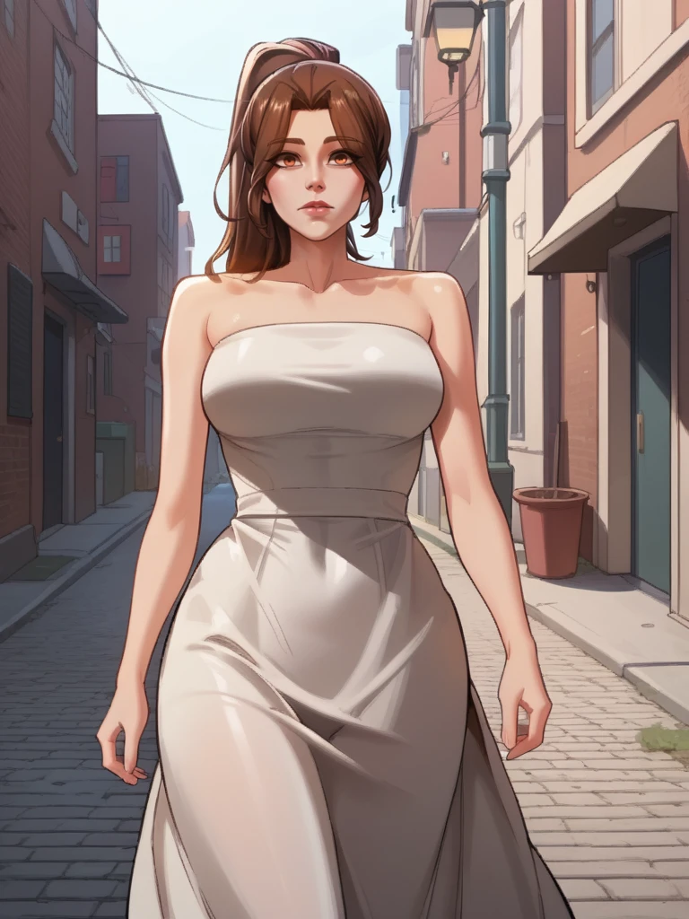 score_9, score_8_up, score_7_up, score_6_up, source_anime, <lora:neg4all_bdsqlsz_V3.5:2.0> RHyemi, 1girl, high ponytail, brown hair, brown eyes, strapless dress, tight dress, white dress, alley, walking, looking at viewer, curious, facing viewer, from front, close up
 <lora:YGARyuHyemi-125reps-PROD:1>