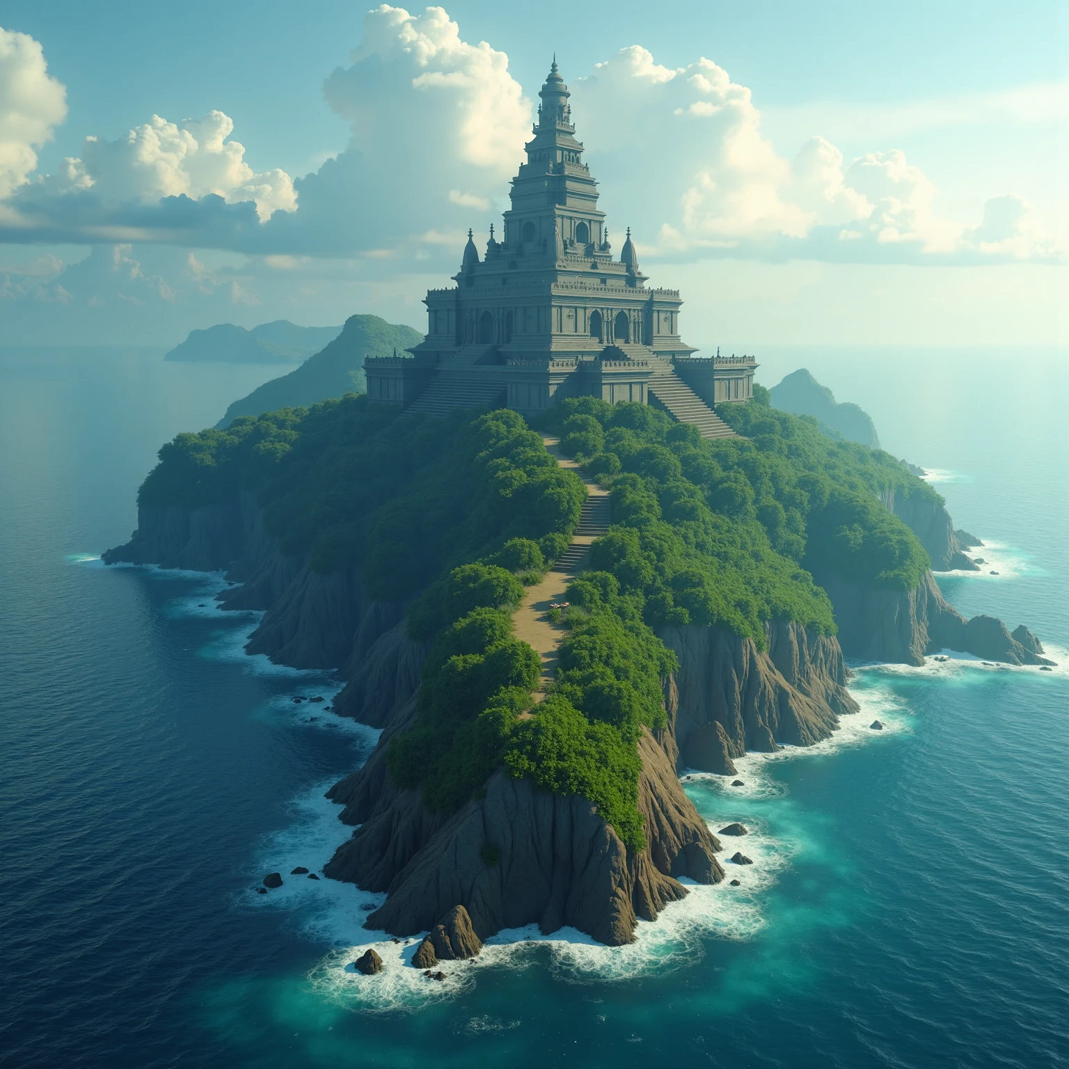 <lora:Elemental_Planes-Water:1>, elementalplanewater, a sweeping epic landscape shot of a huge and sprawling temple standing on the largest island in an island chain, the island chain is surrounded by the vast ocean