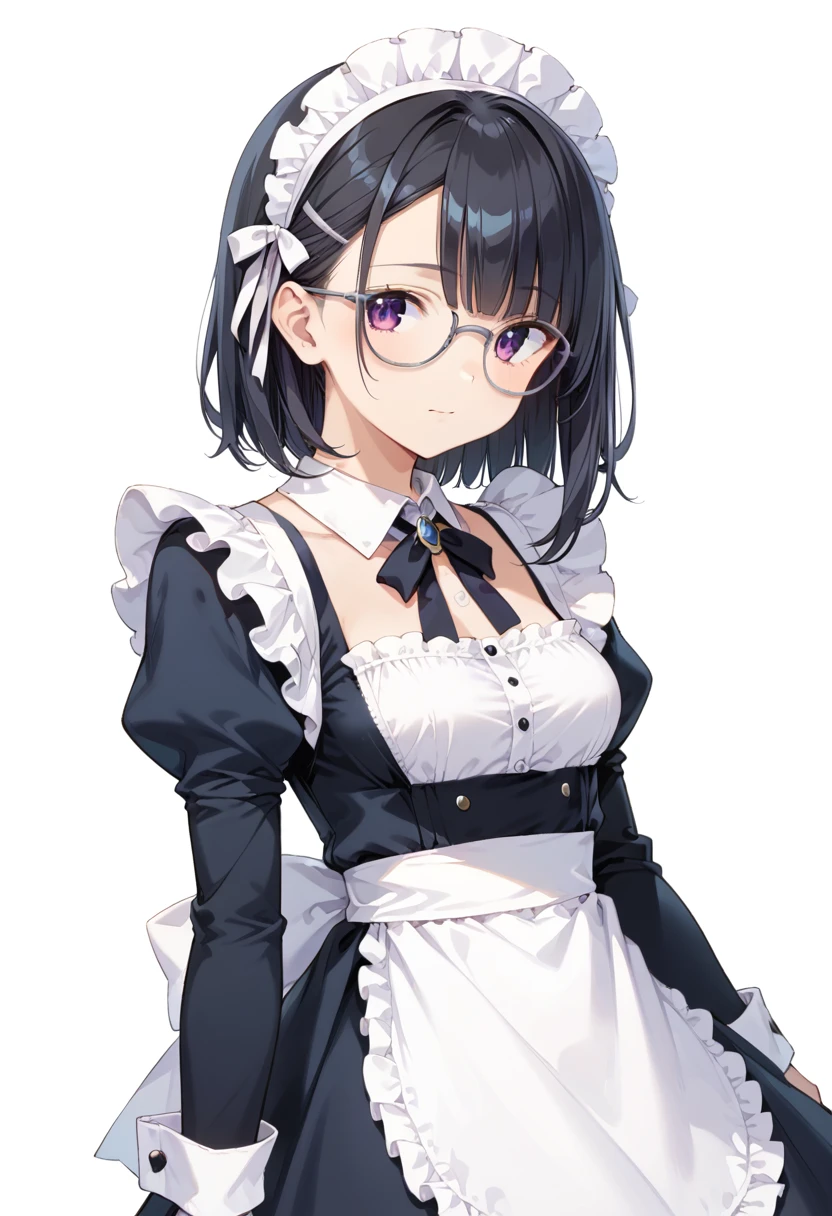 score_9, score_8_up, score_7_up, rating_safe, masterpiece, best quality, absurdres, unity 8k wallpaper, official art, official style, source_anime, uncensored, game cg, megami magazine,
1girl, solo, black hair, medium hair, upper body, covered eyes,maid, maid headdress, black dress, maid apron,
g-boston19s, glasses, white background, simple background, silver-framed eyewear, 
 <lora:glasses_boston19s_PONY_V1:1>