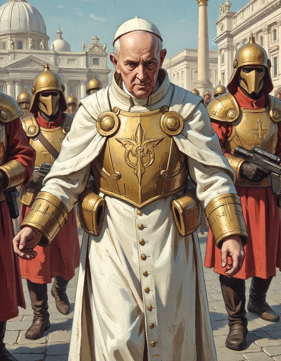 illustrated portrait Pope Francis in Fallout Power Armor. Papal armor of white and gold leading his cardinal-ninja soldiers in the courtyard of St Peter's Basilica