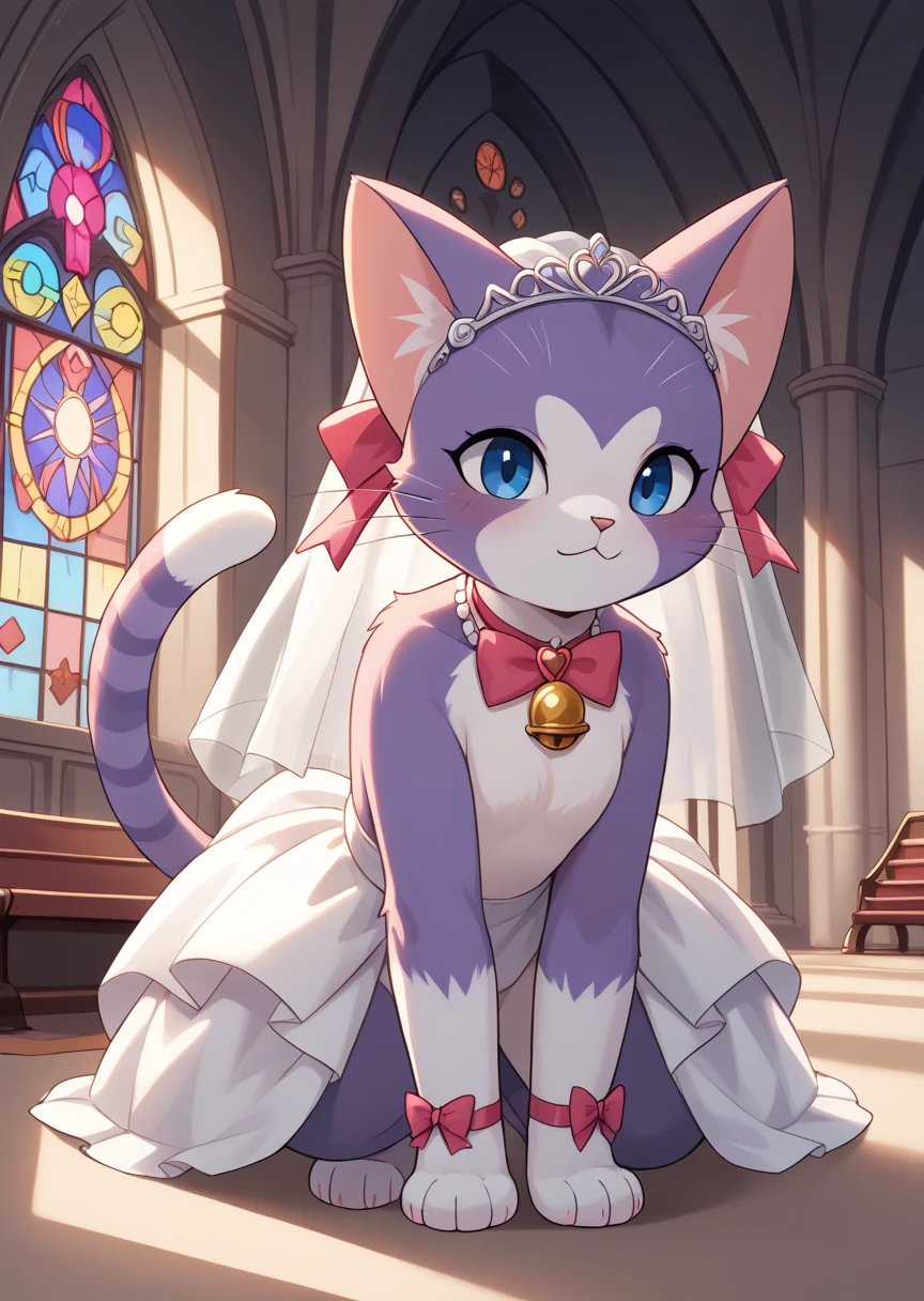 score_9, score_8_up, score_7_up, score_6_up, score_5_up, BREAK
Amanda, solo, blue eyes, bow, ribbon, no humans, bell, cat, pink bow, :<, animal focus, furry, full body, cute, detailed backgrond, church, purple fur, (heart shaped fur), wedding dress, wedding veil