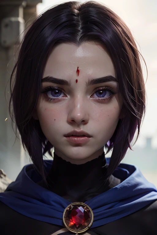 A stunning and intricate full color portrait in Ultra-HD, 16 year old girl, short purple hair, violet eyes, red gem on forehead, (grey skin), perfectly detailed face, blue cape, (dark leotard), epic characters ., alessio albi. nina masic, sharp focus, natural lighting, subsurface dispersion, f2, 35mm<lora:EMS-434451-EMS:1.000000>