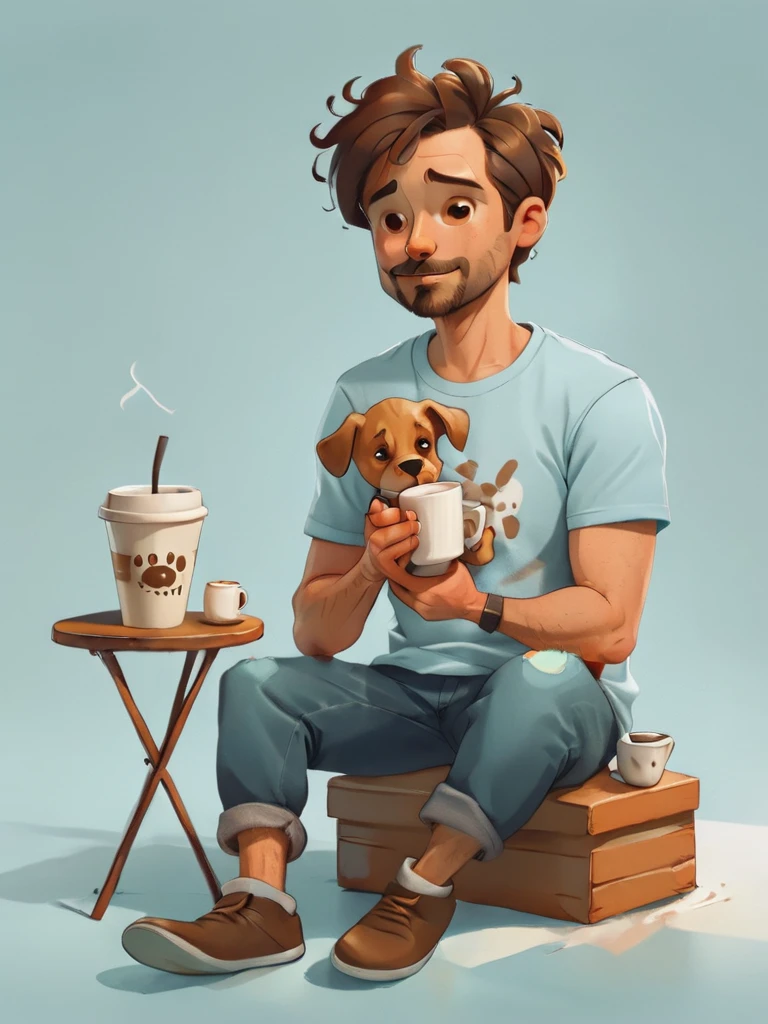 a man about 36 years old, light T-shirt, sitting and Drinking coffee, There is a cute puppy next to him. exuding cool vibes. The background is light blue color, creating a cozy atmosphere. Minimalist style, solid color background giving it a modern feel, digital painting