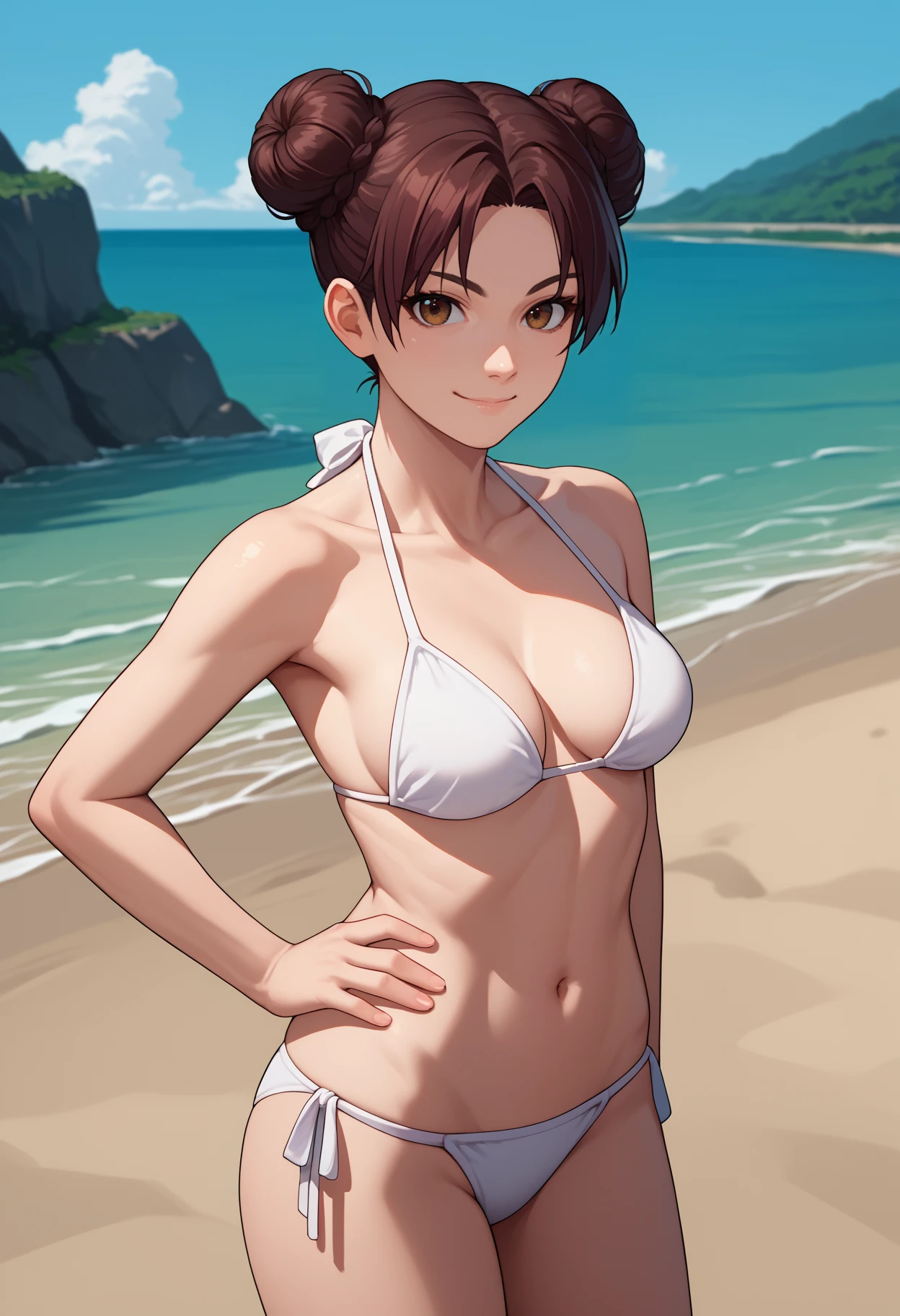 score_9, score_8_up, score_7_up, source_anime, cowboy shot, solo, 1girl, t3nt3n, light smile, looking at viewer, standing, hand on own hip, double bun, white bikini, side-tie bikini bottom, medium breasts, outdoors, beach
<segment:yolo-face_yolov8m.pt,0.4,0.5//cid=1>