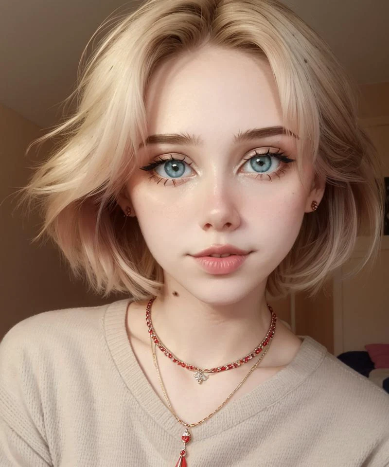 portrait, female facial focus, looking at viewer, close up,
alinaodd, 1girl, solo, lips, makeup, eyeshadow, blonde hair, short hair, red lips, necklace, knit beige sweater, collarbone
indoors, bedroom,
realistic, skin detail, volumetric lighting
<lora:Alina_V1:0.75>