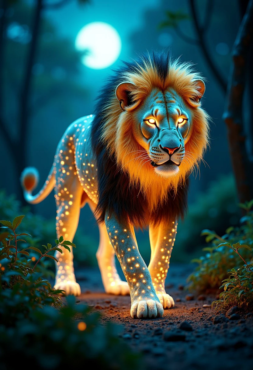 Imagine a majestic lion, its entire form shimmering with a bioluminescent glow in the depths of a mystical, moonlit jungle. The lion's golden fur is interlaced with streaks of luminescent blue and green, each strand pulsing softly as if alive with energy. Its mane is a halo of light, radiating a soft, ethereal glow that contrasts with the deep shadows of the surrounding forest. The lion’s eyes are like glowing orbs, illuminating the path ahead as it prowls through the night. The ground beneath its paws is covered in bioluminescent plants that react to its presence, lighting up with each step. The scene is otherworldly, blending the power and grace of the lion with the mysterious beauty of bioluminescence.