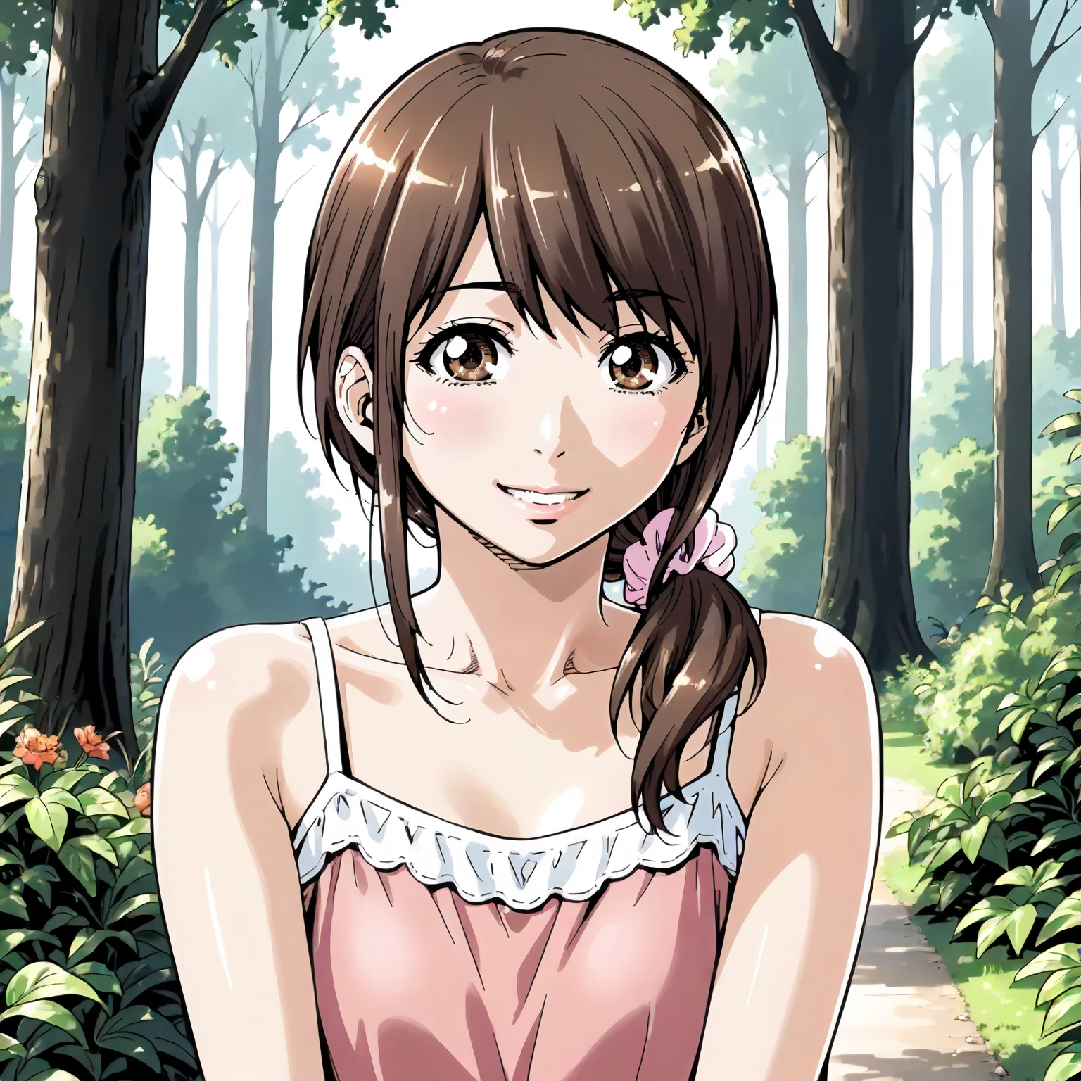 <lora:Us_SaekoXLpony003:0.8>,
outdoors,nature,
smile,
solo,
Saeko,1girl,brown hair,low ponytail,hair scrunchie,brown eyes,
camisole,