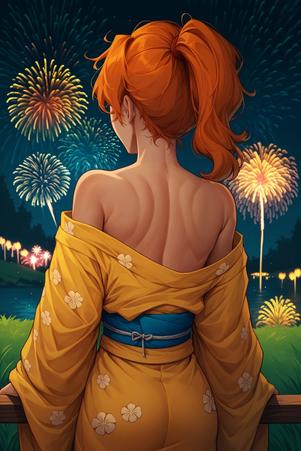 score_9, score_8_up, <lora:NSMechanicTerraria:1> NSMechanicTerraria, orange hair, ponytail, medium hair, yellow kimono, from behind, fireworks, outdoors, bare shoulders