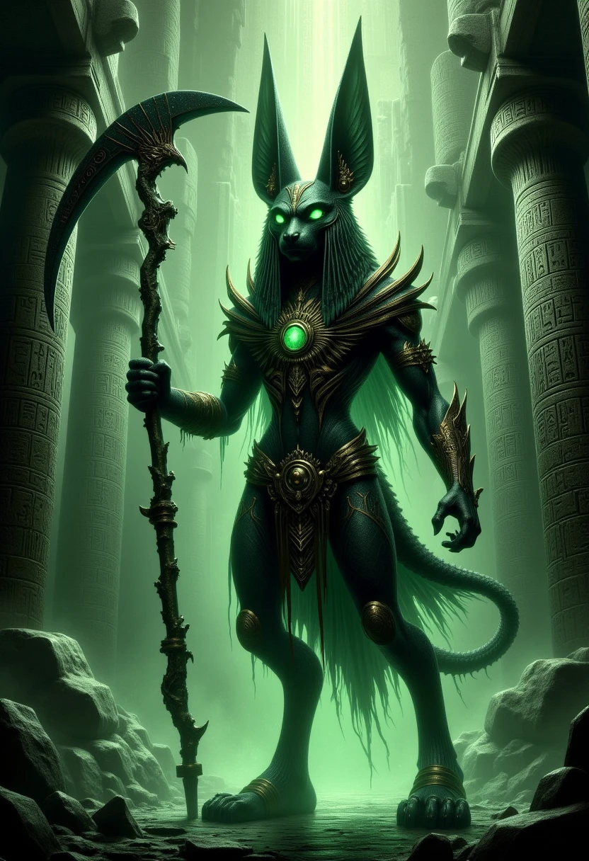 <lora:drkfnsy_pdxl_EliPot:1>,  Egyptian dark fantasy of colossal Anubis standing holding a scythe in a temple, with green glowing ethereal eyes,