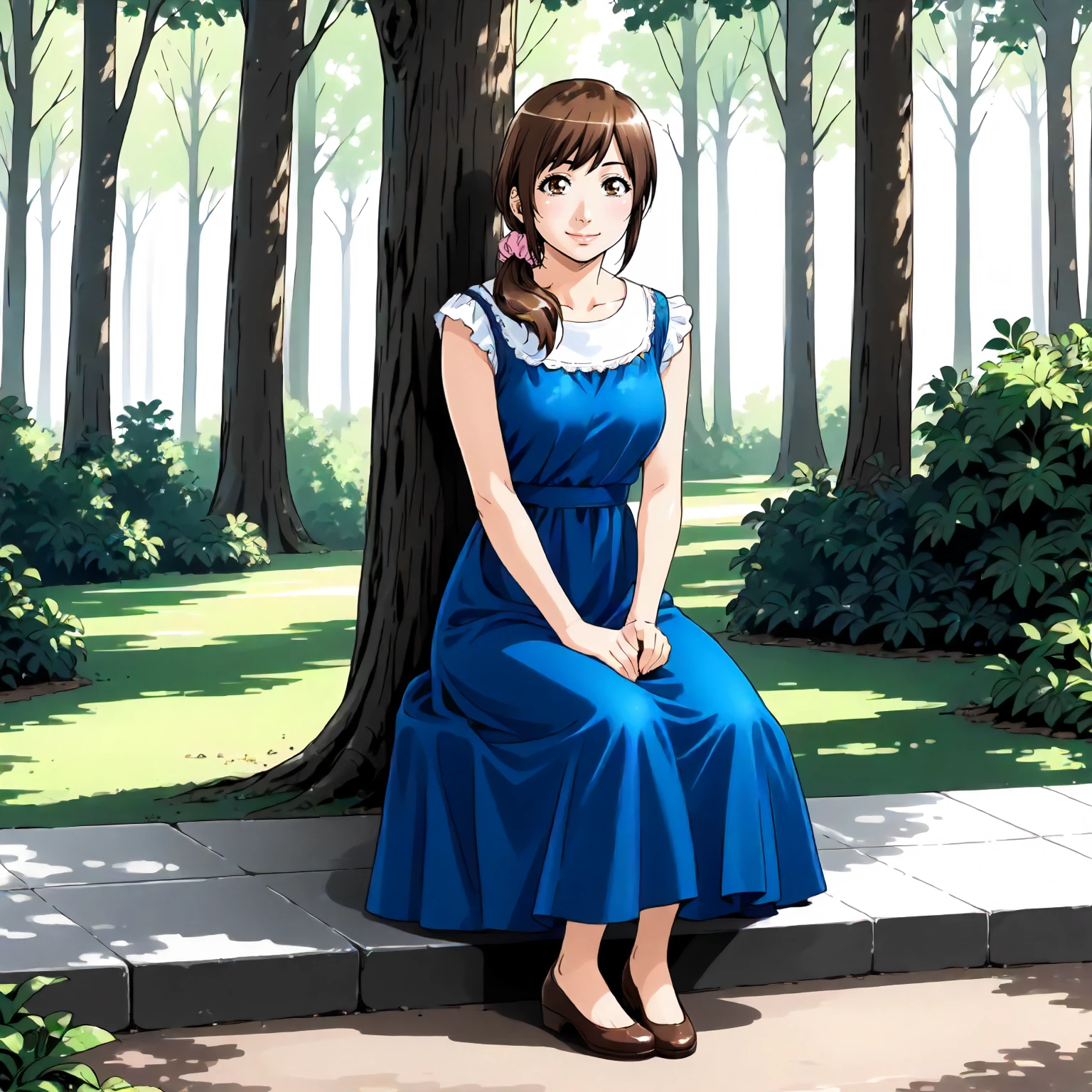 <lora:Us_SaekoXLpony003:0.8>,
outdoors,nature,
smile,
solo,
Saeko,1girl,brown hair,low ponytail,hair scrunchie,brown eyes,
dress,
full body,sitting,