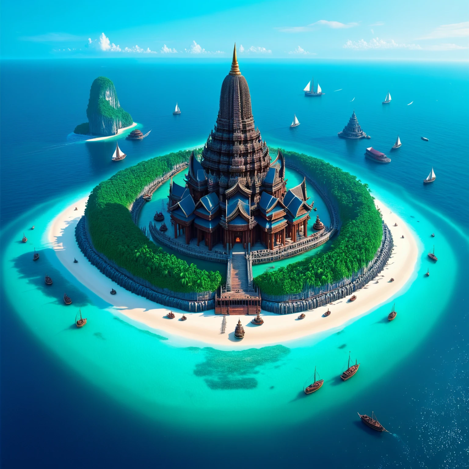 (a huge and majestic temple stands on an island), (in the middle of the vast ocean), (with a wooden harbor and boats sailing), <lora:epwsdxl:0.8>, elementalplanewater, best quality, masterpiece, 4k, uncensored, prefect lighting, rating_explicit, very aesthetic, detailed, <lora:add_details_xl:0.6>, very detailed, <lora:SDXLHighDetail_v5:0.6>