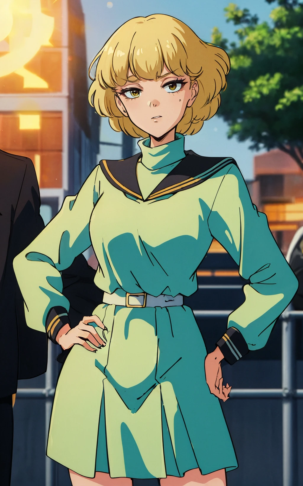 ((masterpiece, best quality)), insaneres, absurdres, solo,  vanishing point, 
Dress_IreneSandlers_ownwaifu, 
1girl, blonde hair, freckles, short hair, eyeshadow, makeup, bangs, breasts,
school uniform, turtleneck, long sleeves, green dress, sailor collar, serafuku,
retro artstyle, 1980s (style), 
outdoors, lens flare, depth of field, bokeh, embers, looking at viewer,
(contrapposto, hand on hip)<lora:ANIME_DesertRose_IreneSandlers_ownwaifu:0.85>,