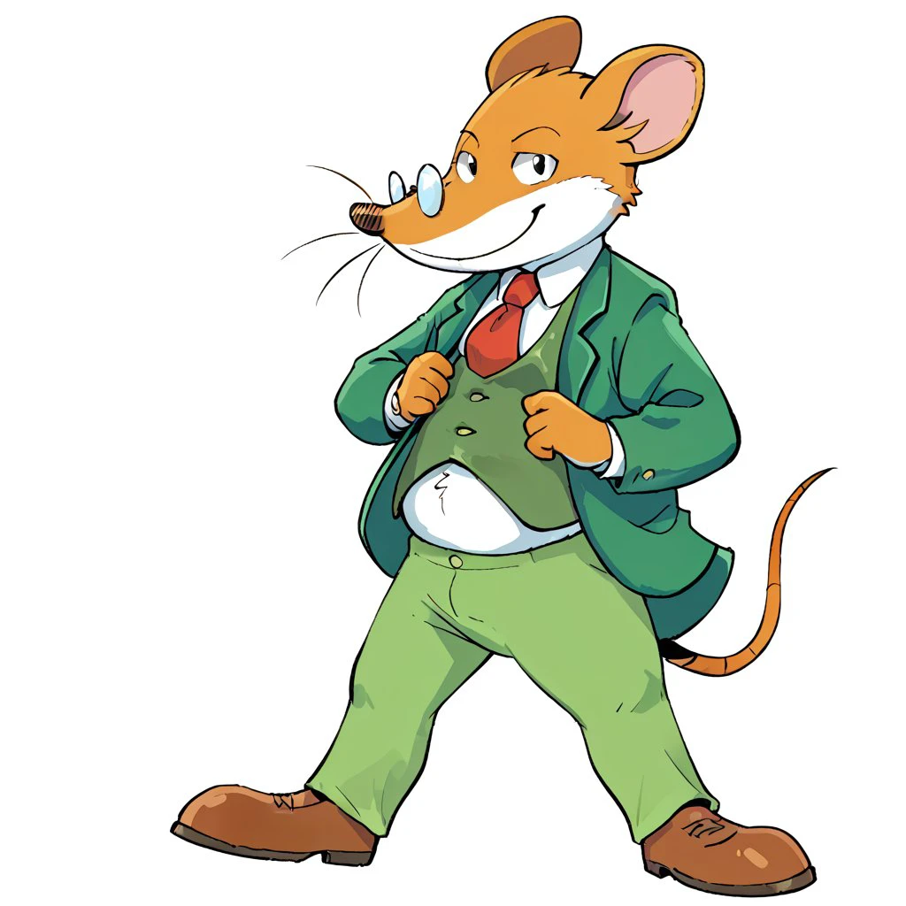 <lora:Geronimo_Stilton_-_Pony_XL:1> score_5_up, Score_6_up, Score_7_up, Geronimo stilton, 1boy, solo, male, furry, orange fur, white belly, white muzzle, whiskers, glasses, red necktie, green jacket, green vest, green pants, brown shoes, rat tail, black eyes, standing, white background, adjusting clothes, smirk, watercolor \(medium\),