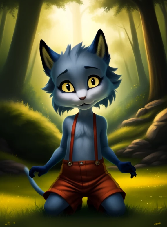 <lora:ChaleyGobYPYif:1> ChaleyGobYP, yellow sclera, black eyes, black ears, gray fur,  dark blue paws, red pants with suspenders, purple eyeshadow,  cat tail, chibi,
Looks at the viewer, Four fingers, solo, ((cowgirl position,))
[ large window, (nature), forest, grass, day shining, clouds, flowers, ]
(beautiful, aesthetic, perfect, delicate, intricate, saturated colors), masterpiece, digital drawing, best quality,
[by personalami], by smitty g, [[[by Foxovh]]], [[by Ross Tran]]