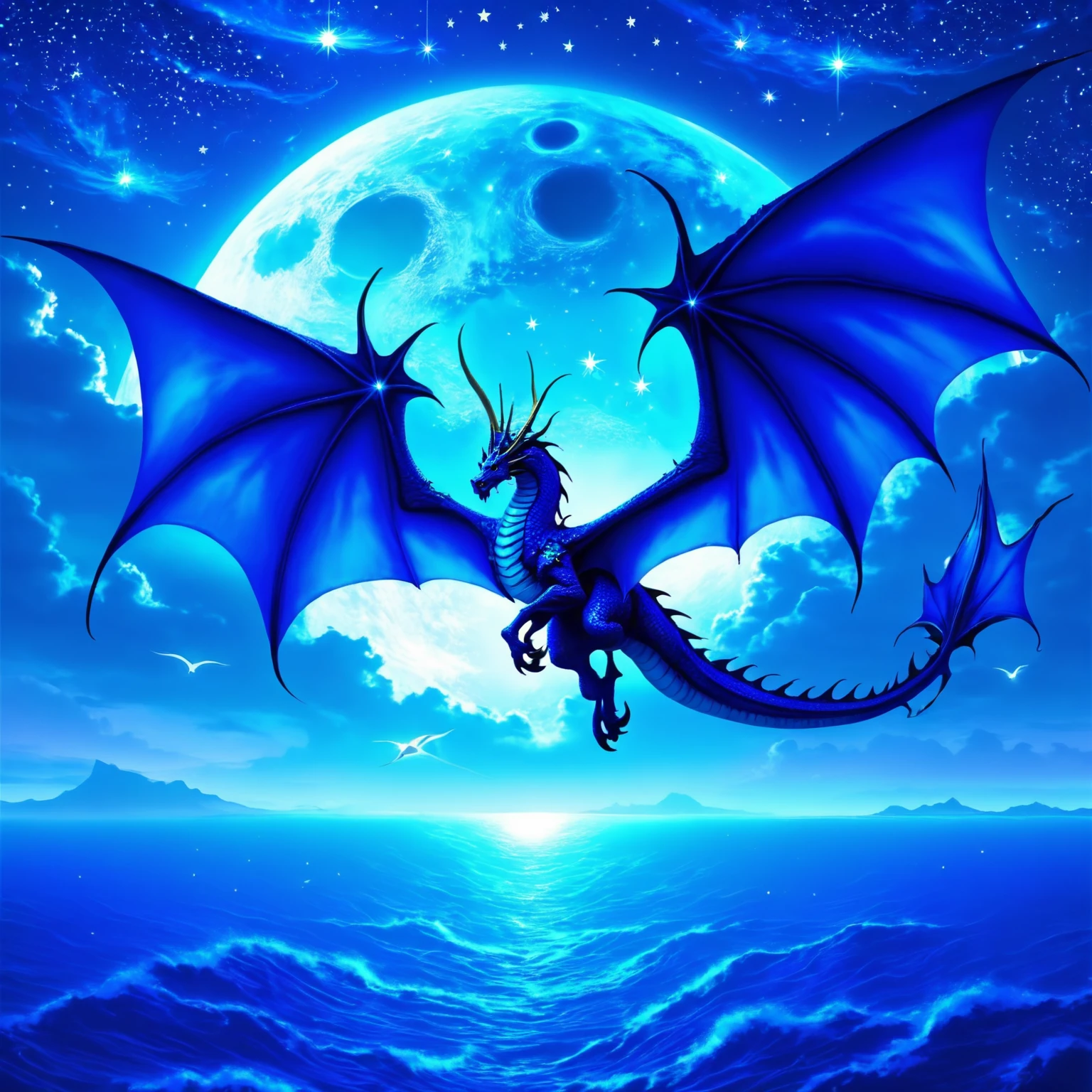 ethereal fantasy concept art of  (a giant winged blue dragon), (is flying over the vast ocean), (at night with a large full moon and starry sky), <lora:epwsdxl:0.8>, elementalplanewater, best quality, masterpiece, 4k, uncensored, prefect lighting, rating_explicit, very aesthetic, detailed, <lora:add_details_xl:0.6>, very detailed, <lora:SDXLHighDetail_v5:0.6> . magnificent, celestial, ethereal, painterly, epic, majestic, magical, fantasy art, cover art, dreamy