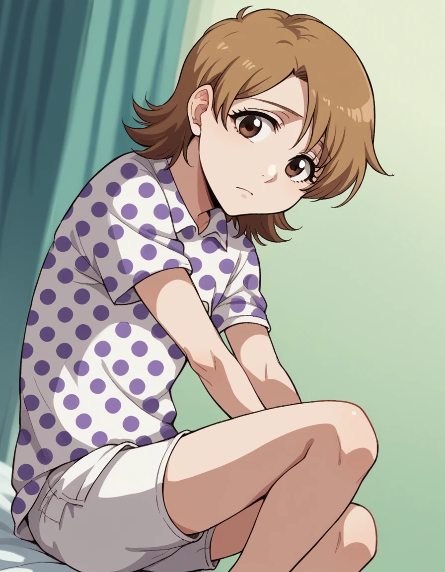score_9, score_8_up, score_7_up, source_anime, <lora:yuzu-kurosaki-anime-ponyxl-lora-nochekaiser:1>, yuzu, short hair, brown hair, brown eyes,, shirt, short sleeves, shorts, polka dot, white shorts,, hospital room, bedside, get well flowers, comforting, quiet, , looking at viewer, knee up, elbow bent, foot on tiptoe, solo,, cowboy shot, dutch angle