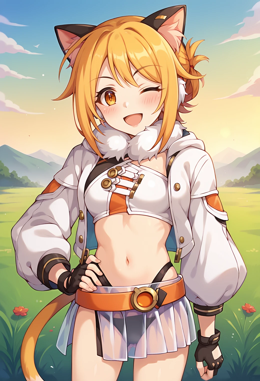 score_9, score_7_up, hd, (ultra hd quality details), source_anime, outdoors, grassfield, sky,
solo, 1girl, 
pcrhiyo, cat ears, animal ear fluff, cat tail, hiyoas, folded ponytail, fur collar, white jacket, open jacket, white crop top, orange belt, black panties, highleg, white skirt, see-through skirt, fingerless gloves,
looking at viewer, blush, open mouth, smile, one eye closed, 
standing, hand on hip,
<lora:_hiyoripcr-elesico-ponyr2e12:0.9>